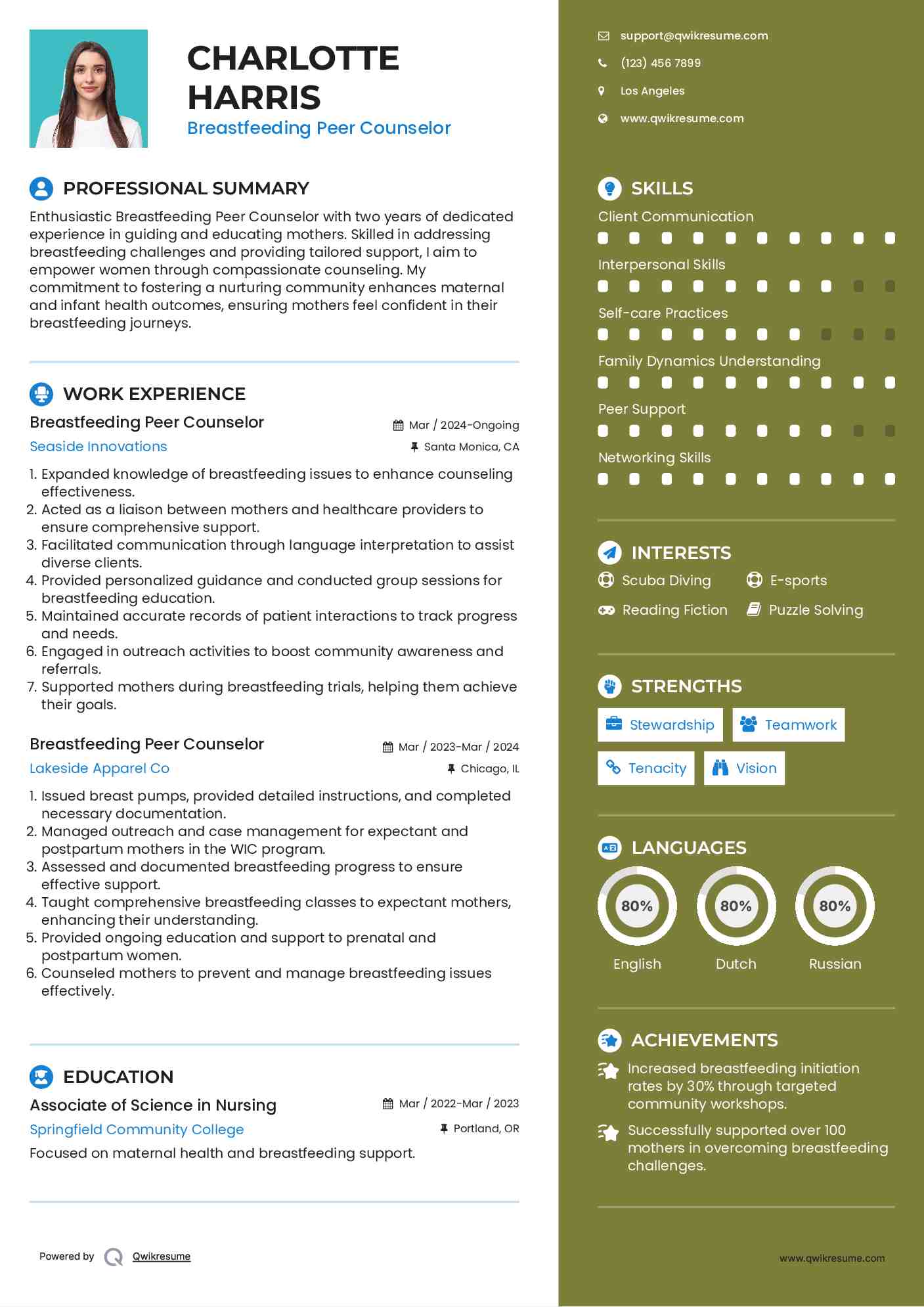 Breastfeeding Peer Counselor Resume Sample