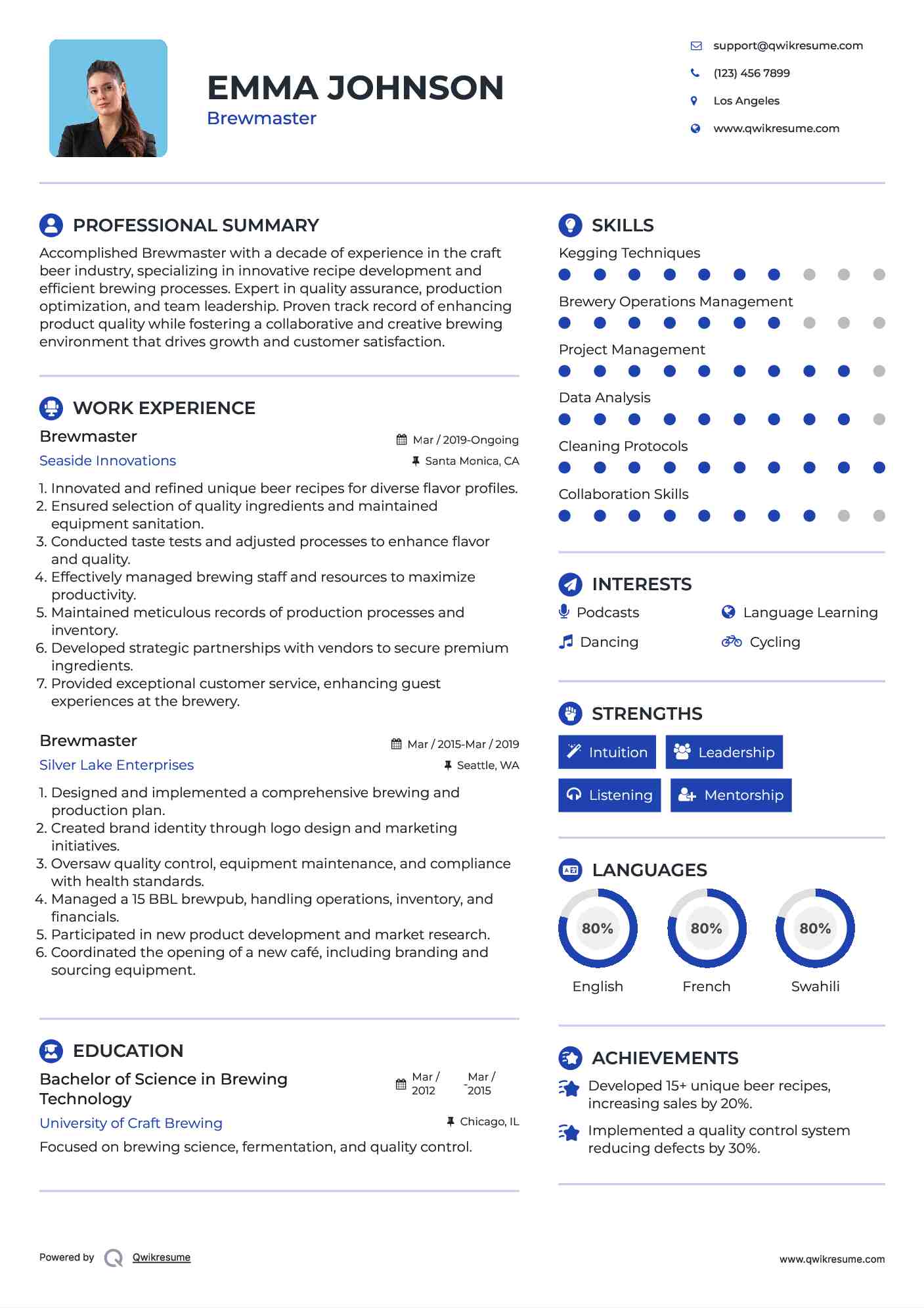 Brewmaster Resume Example