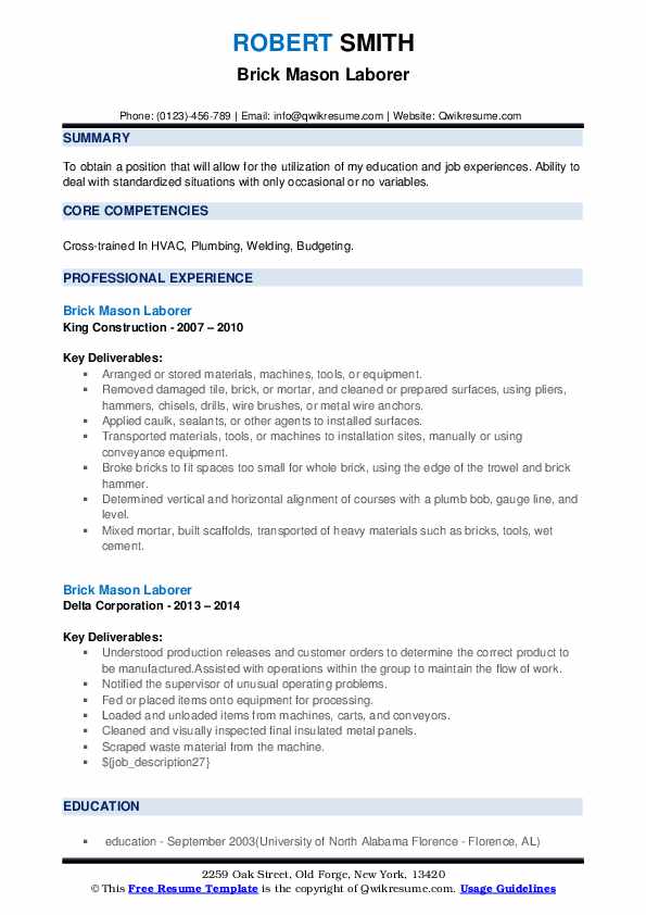 Brick Mason Laborer Resume Samples QwikResume