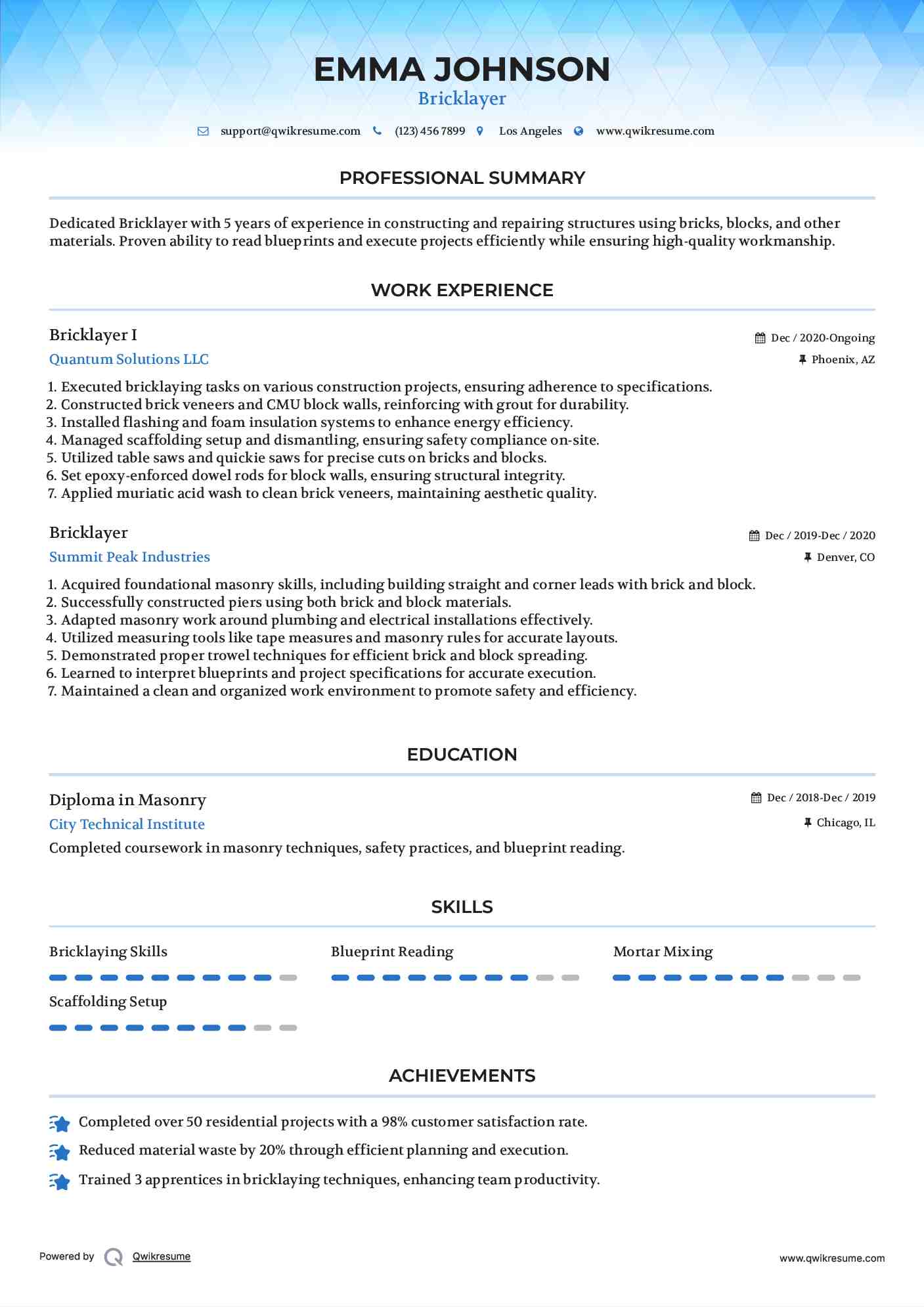 Bricklayer I Resume Sample