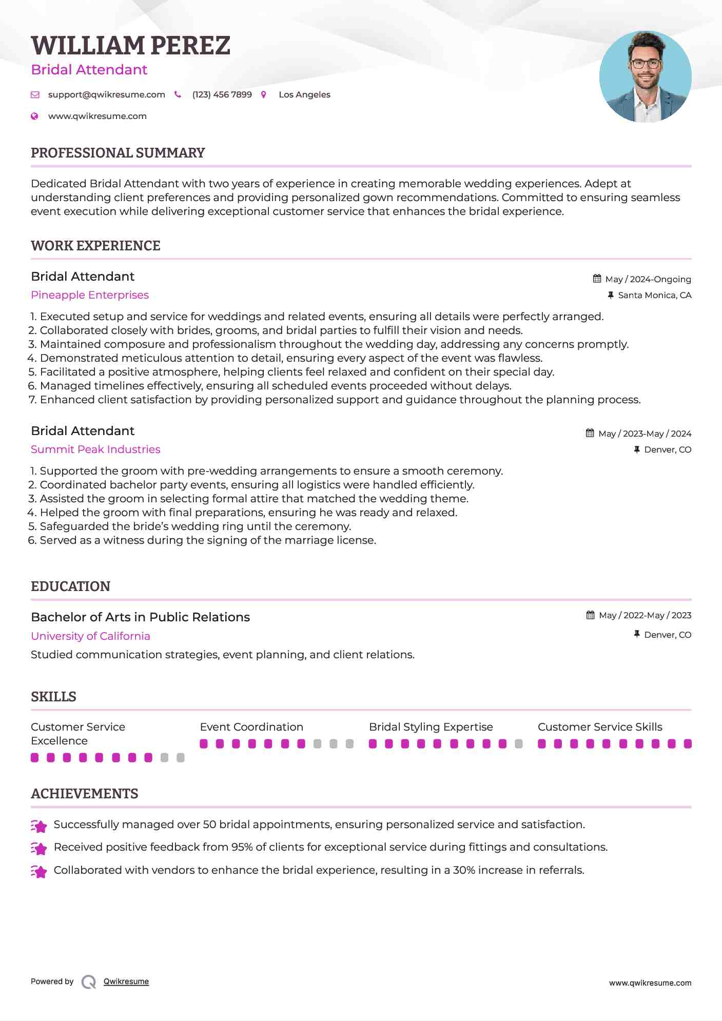 Bridal Attendant Resume Template