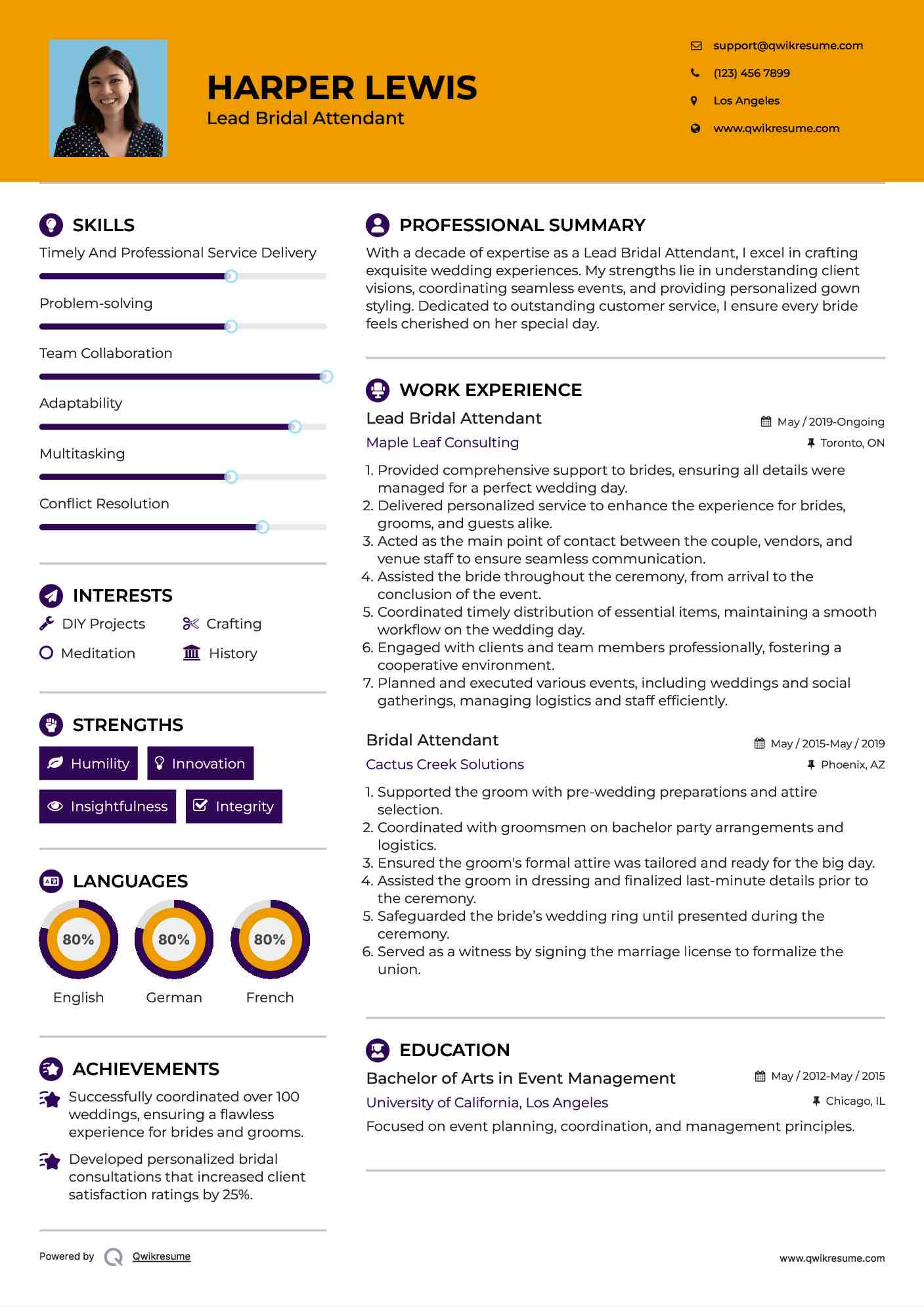 Lead Bridal Attendant Resume Example