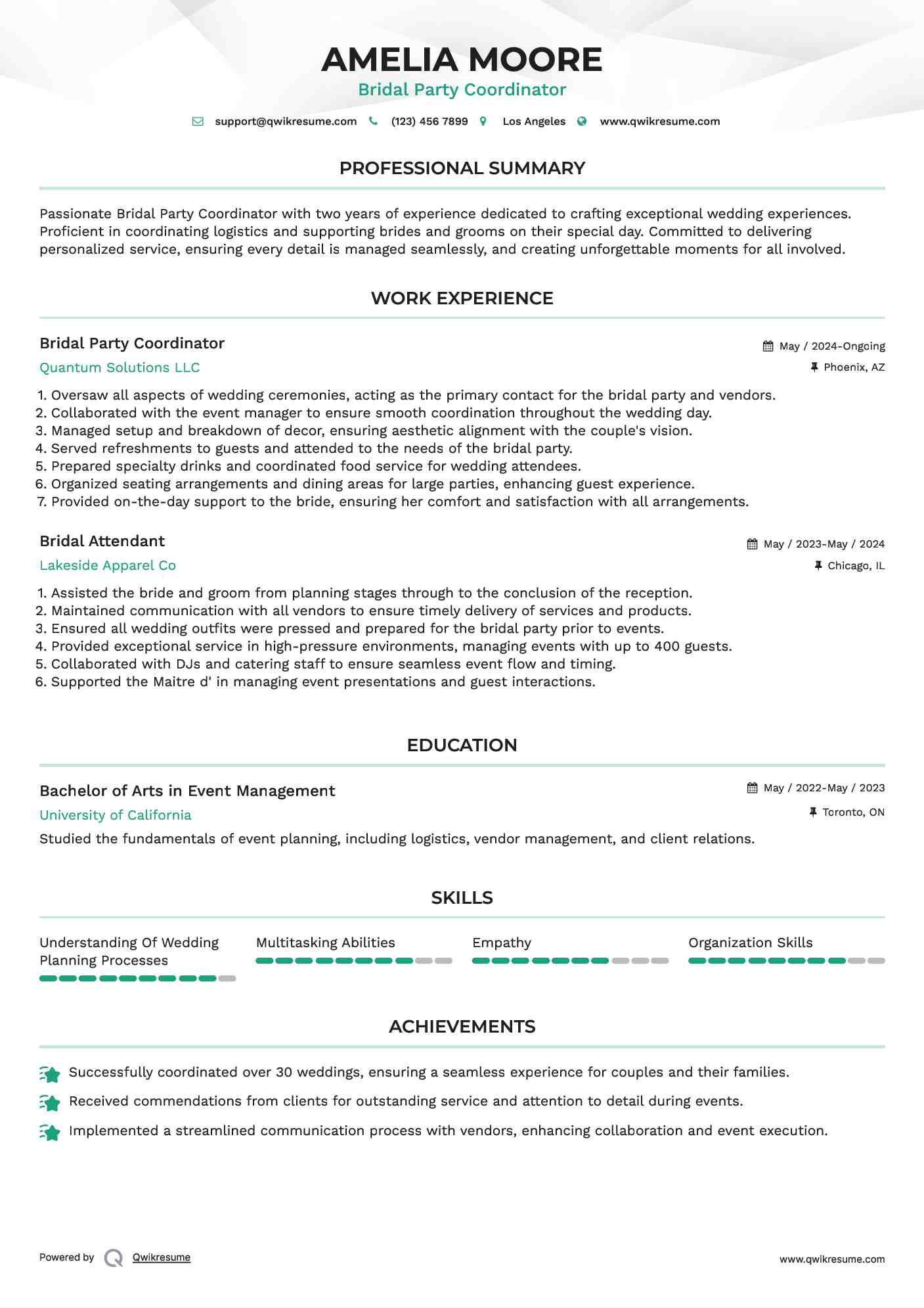 Bridal Party Coordinator Resume Sample