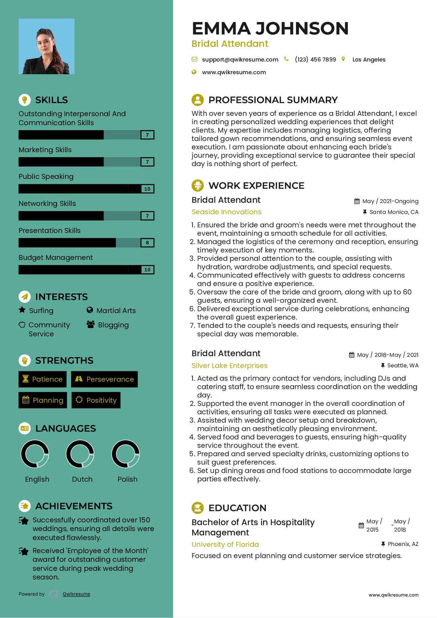 Bridal Attendant Resume Sample