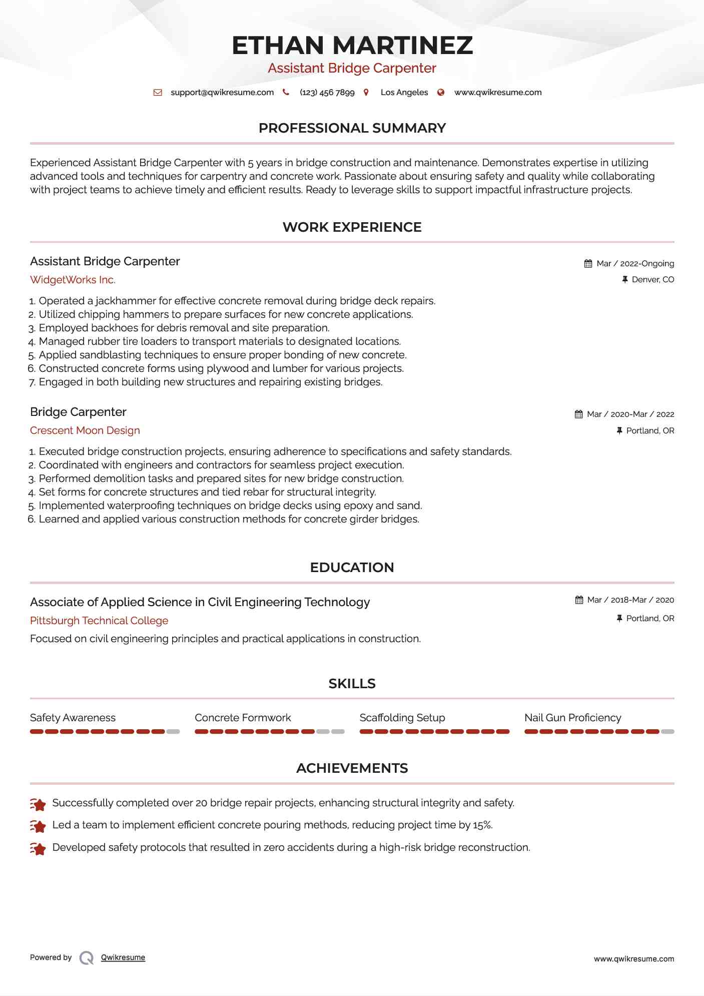 Assistant Bridge Carpenter Resume Sample