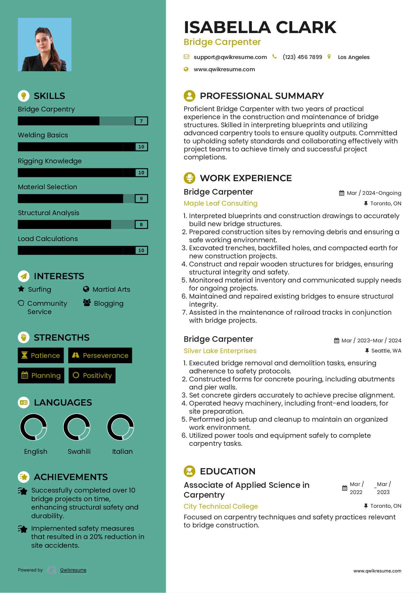 Bridge Carpenter Resume Sample