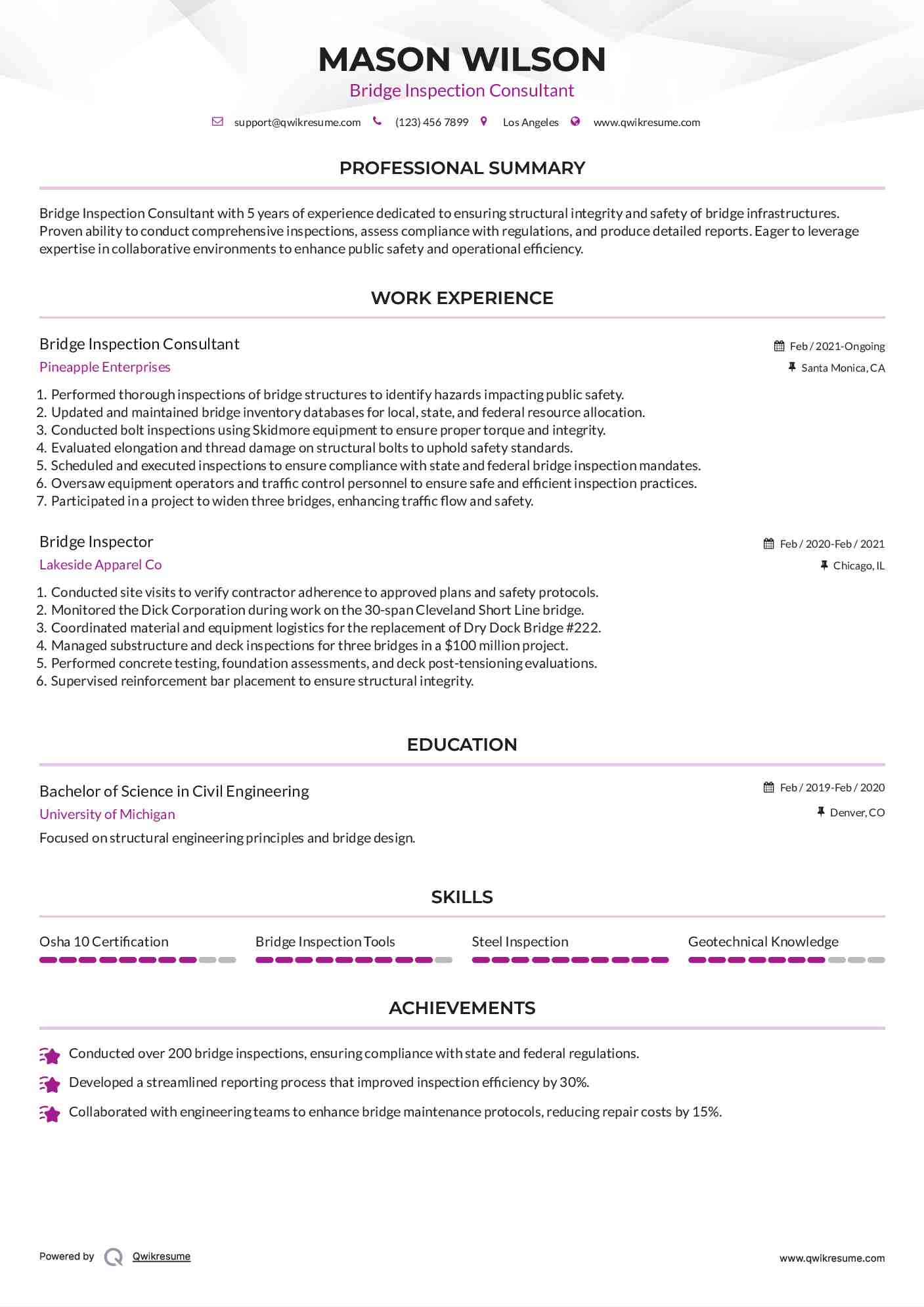 Bridge Inspection Consultant Resume Template