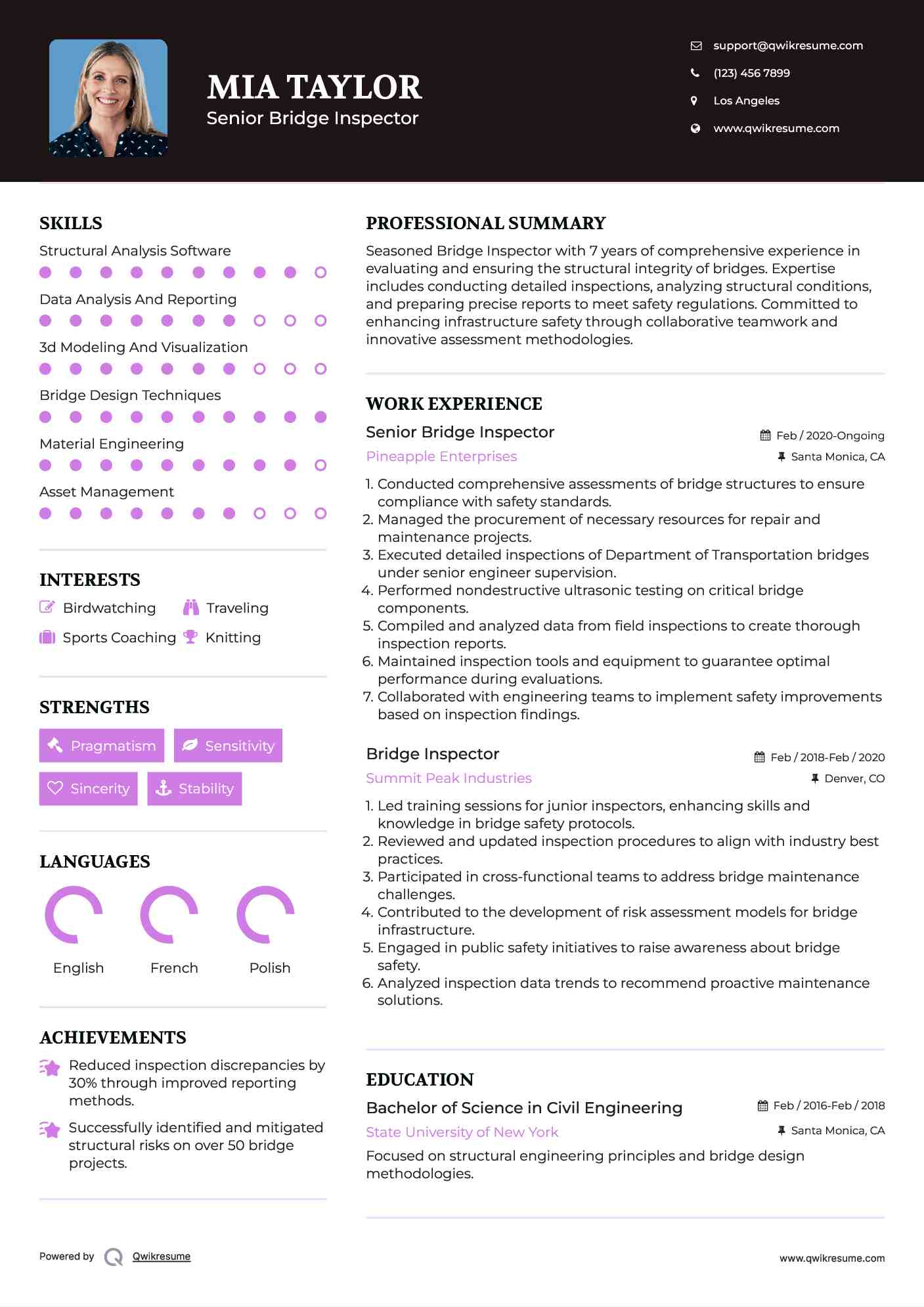 Senior Bridge Inspector Resume Example