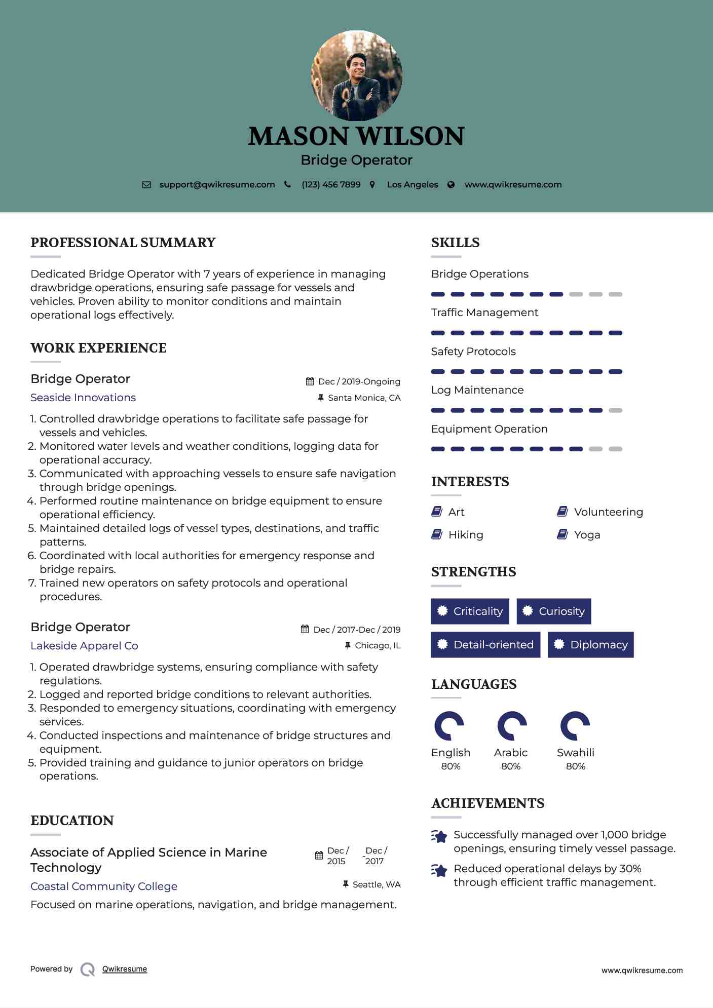 Bridge Operator Resume Example