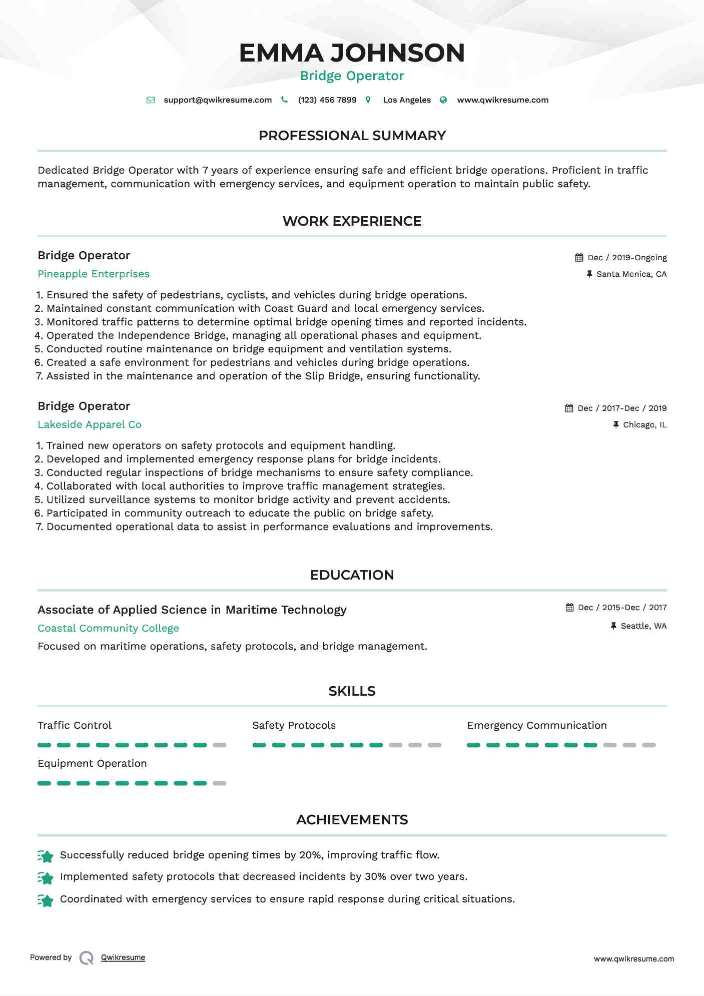 Bridge Operator Resume Format