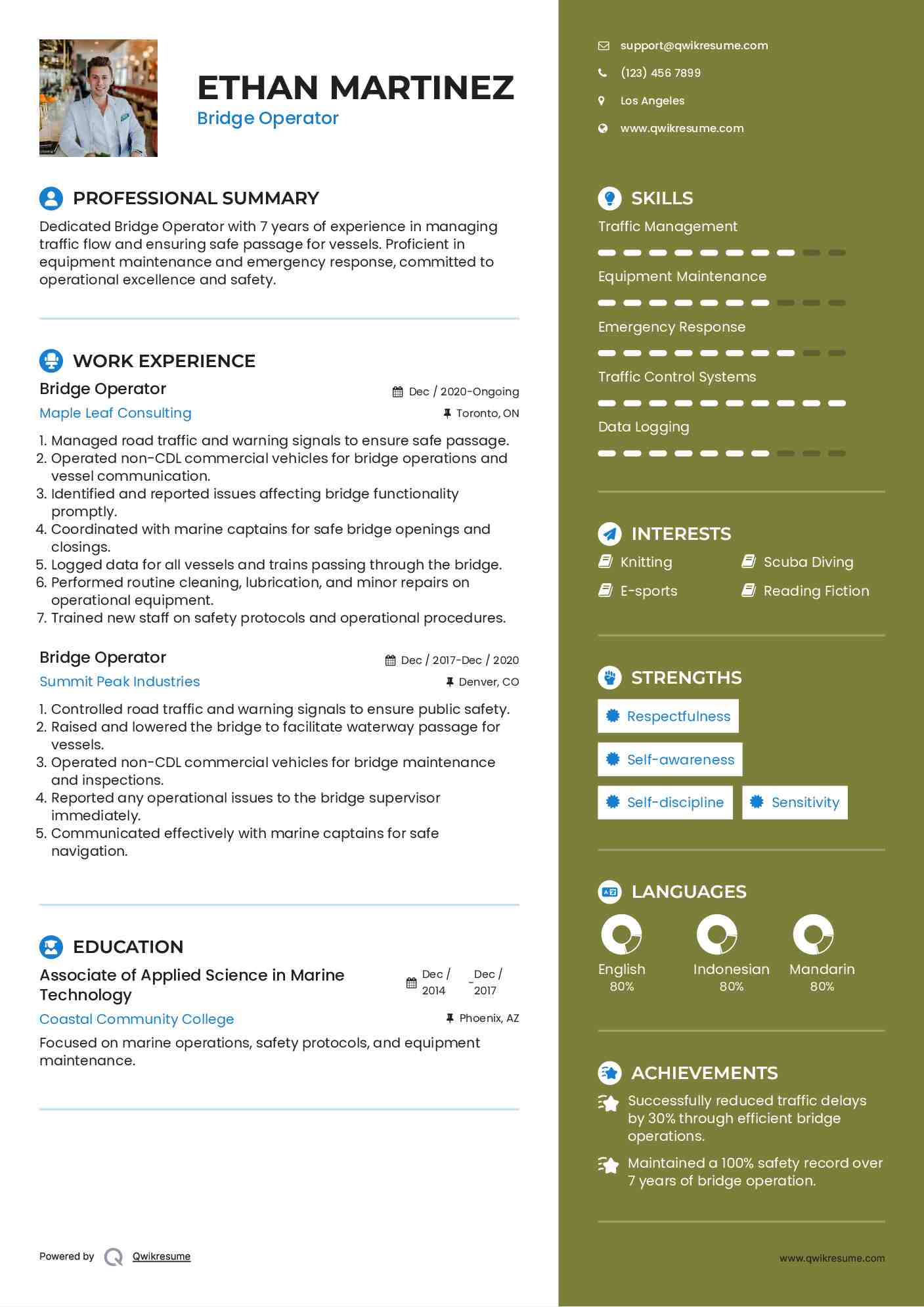 Bridge Operator Resume Sample