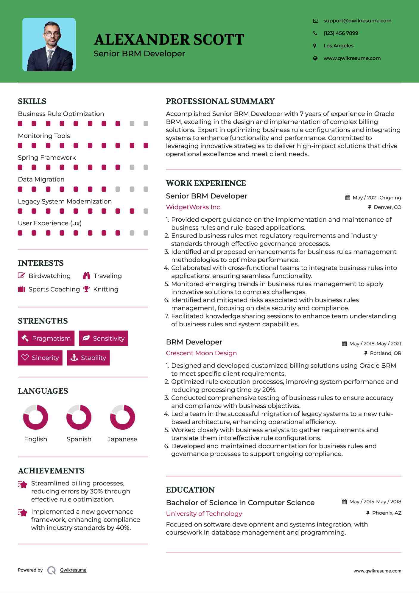 Senior BRM Developer Resume Example