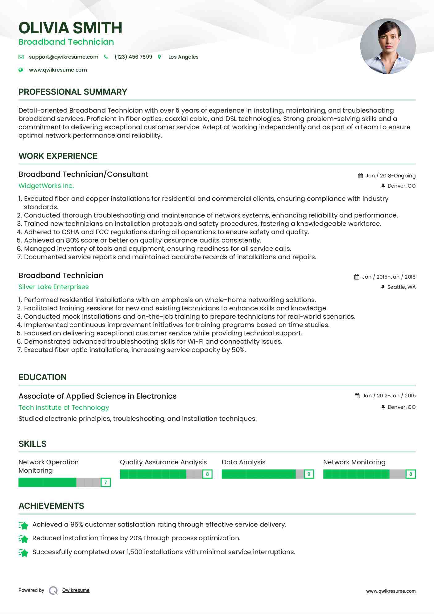 Broadband Technician/Consultant Resume Sample
