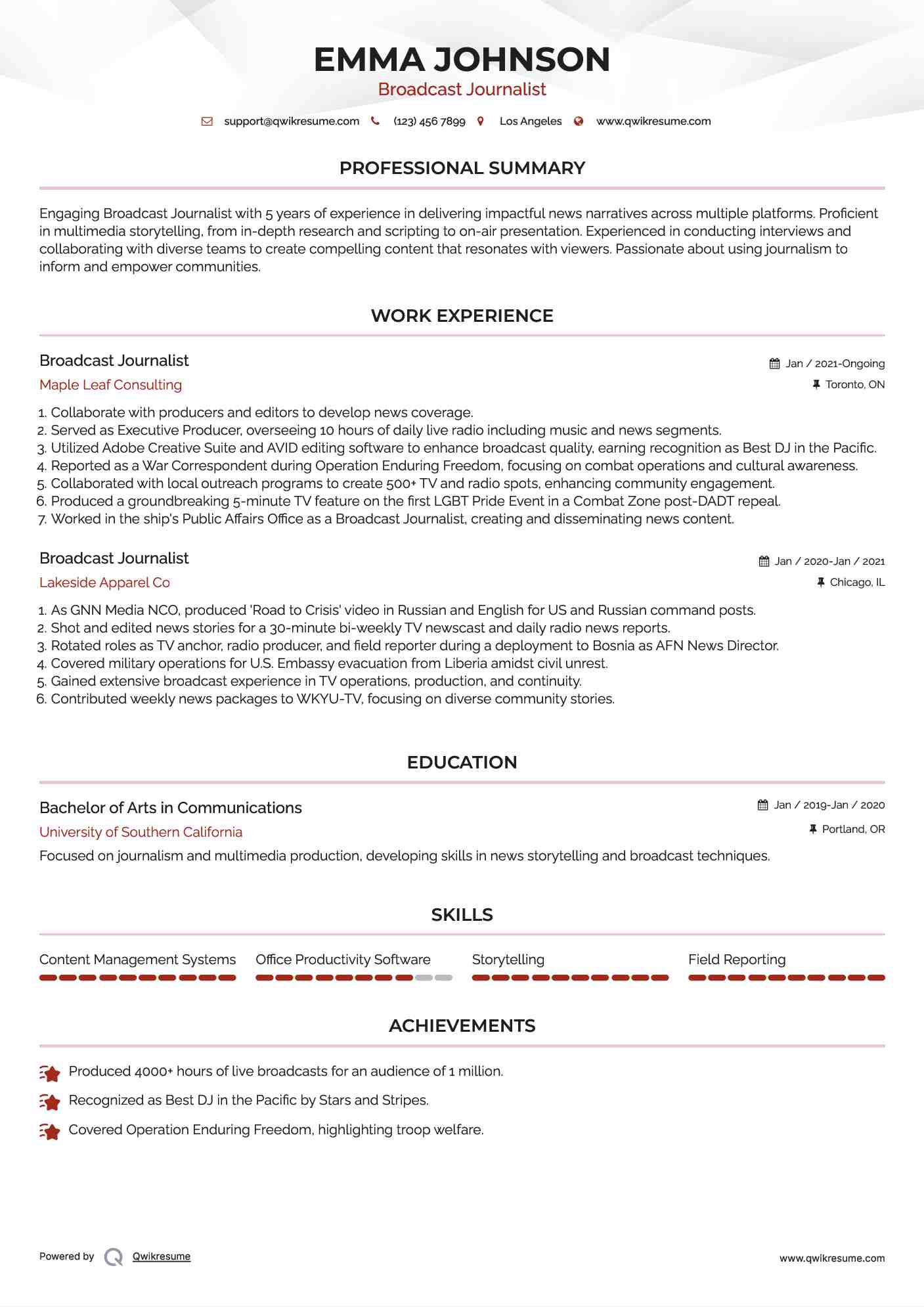 Broadcast Journalist Resume Samples QwikResume