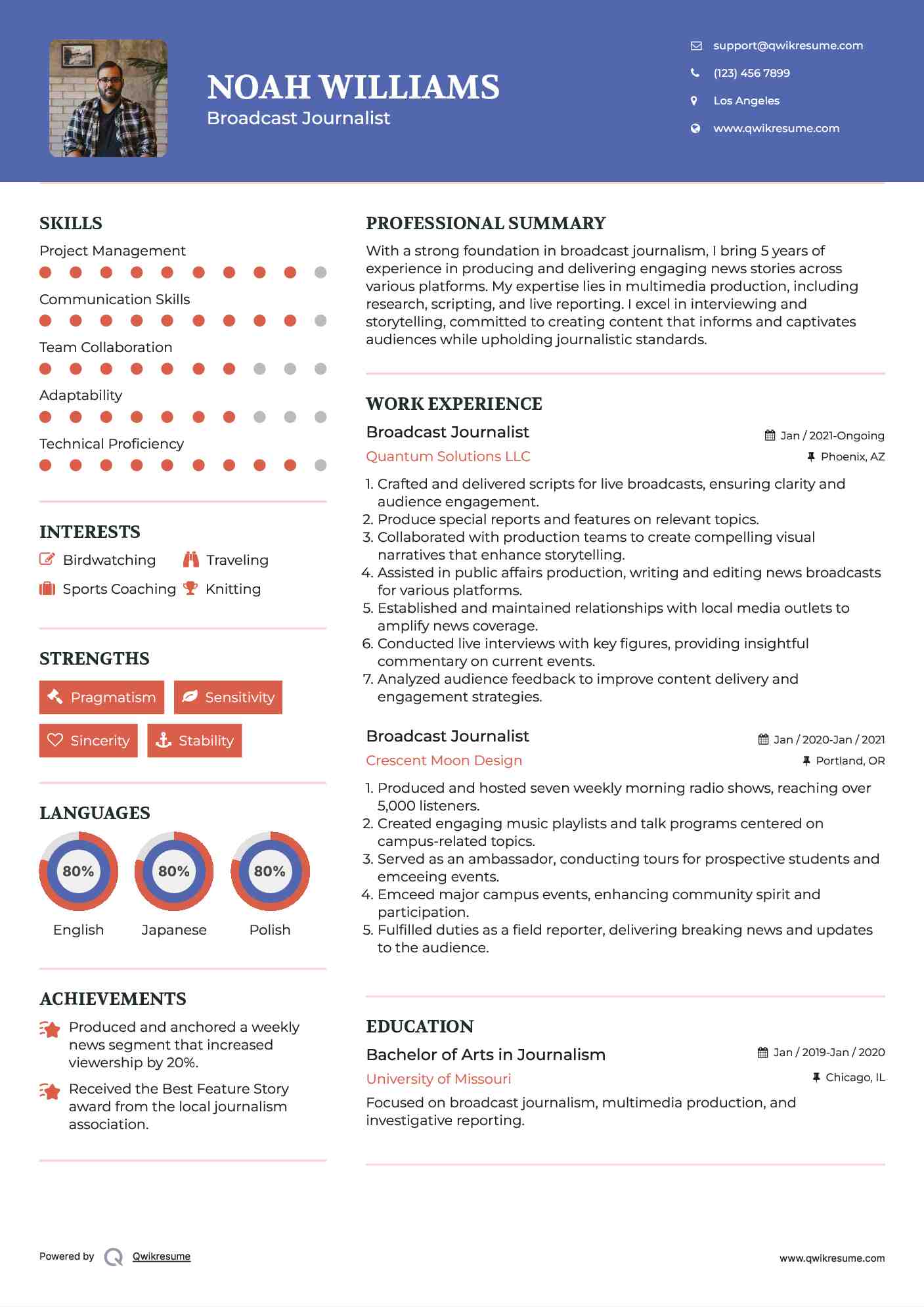 Broadcast Journalist Resume Sample