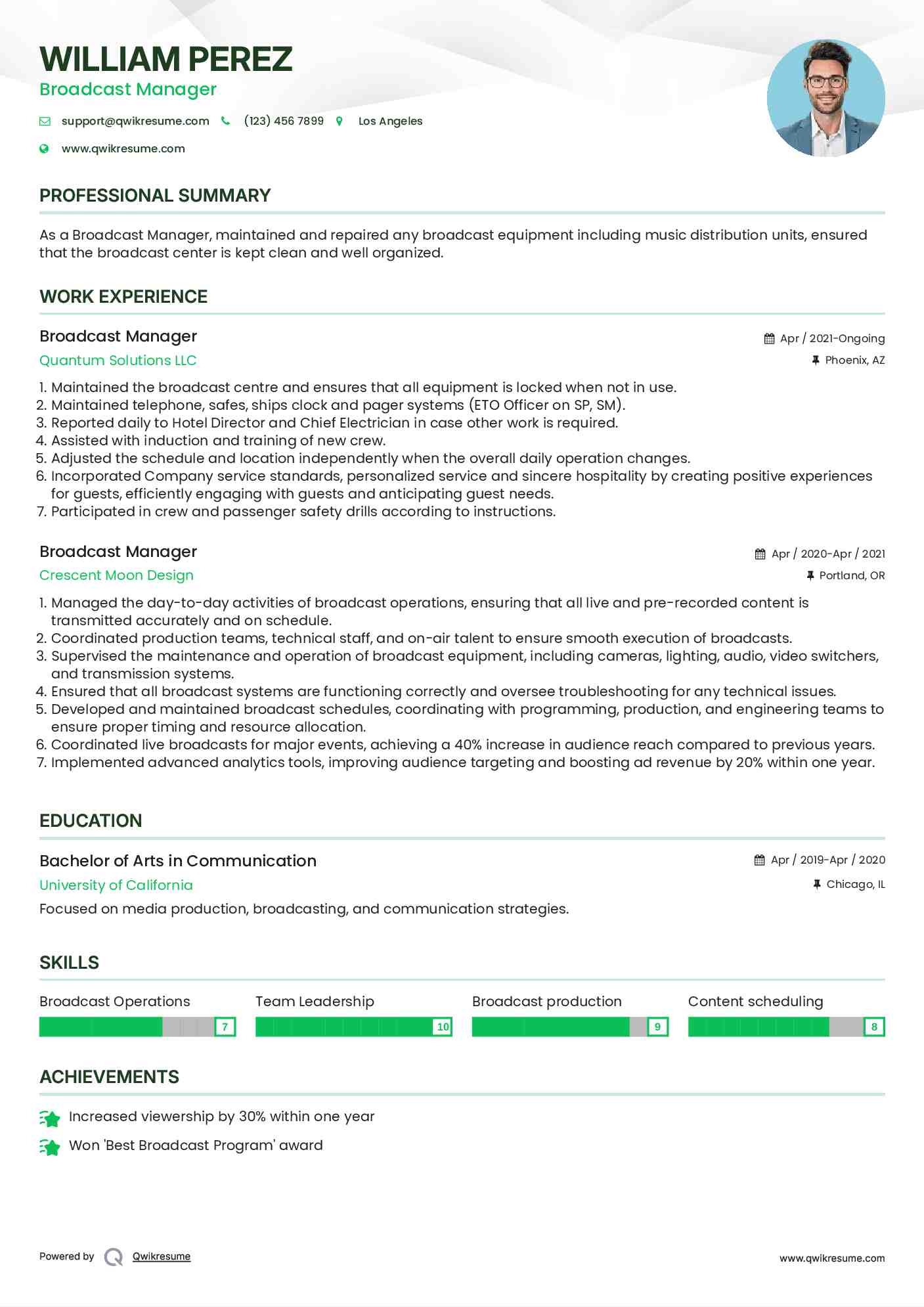 Broadcast Manager Resume Template