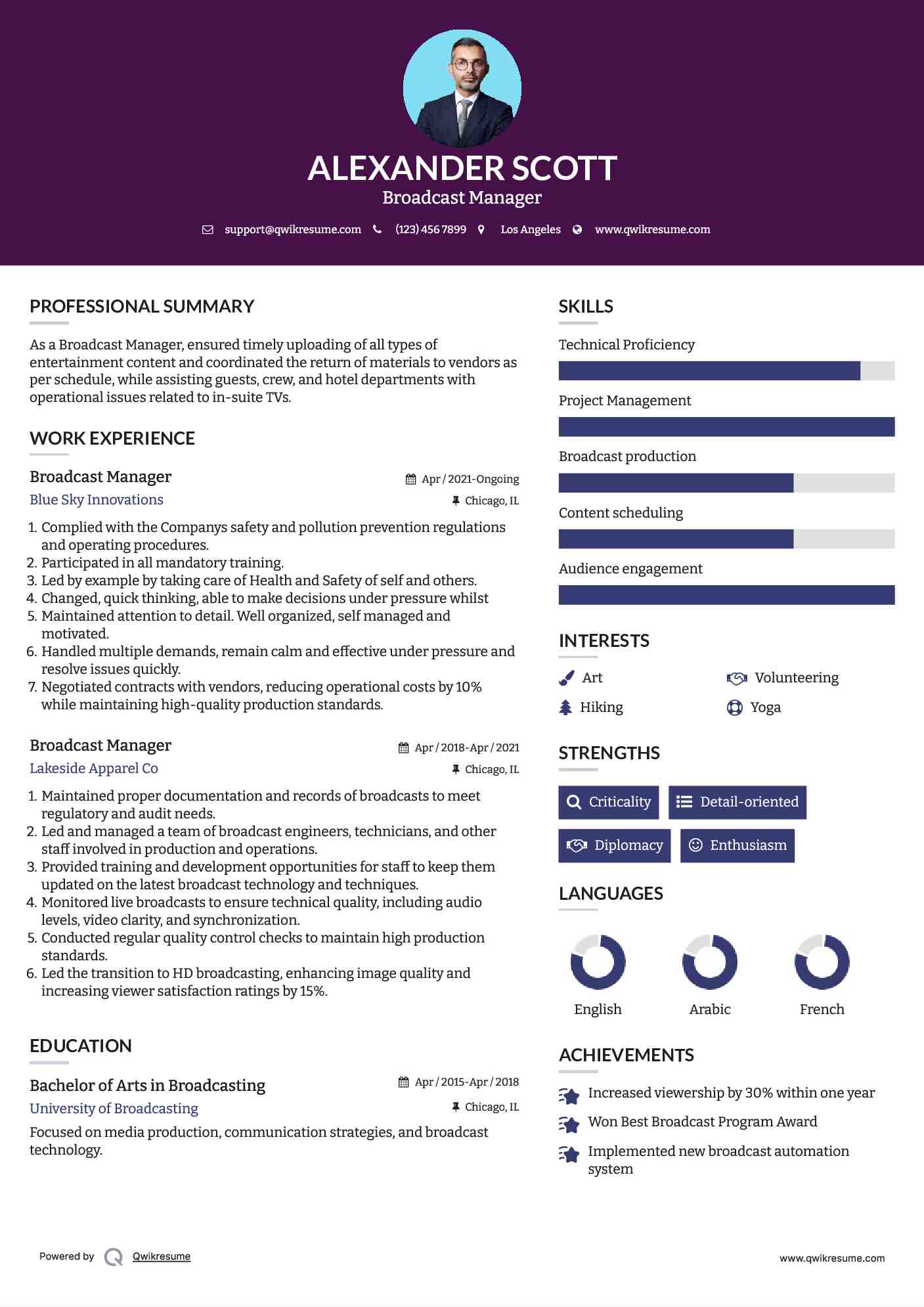 Broadcast Manager Resume Template