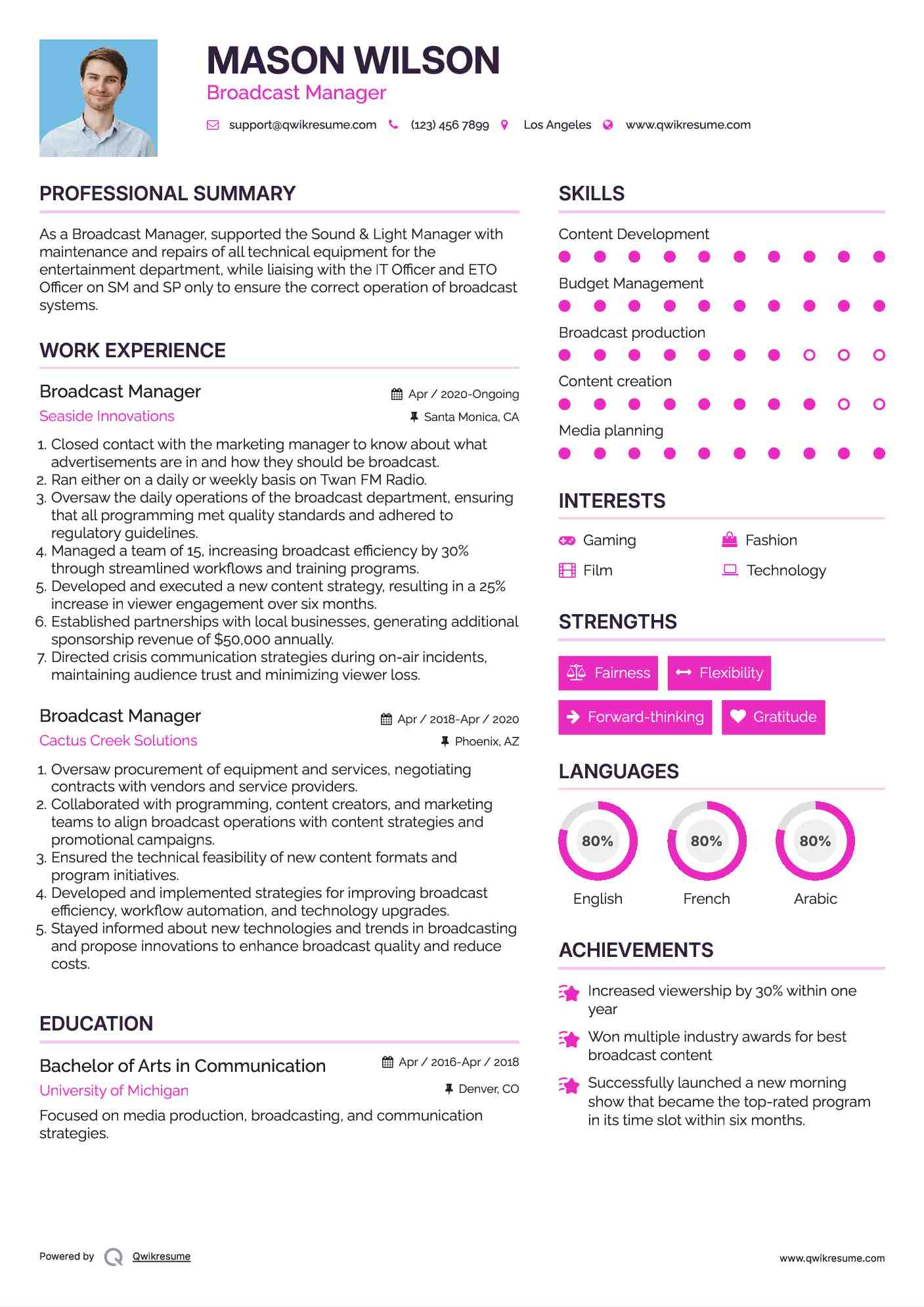 Broadcast Manager Resume Format