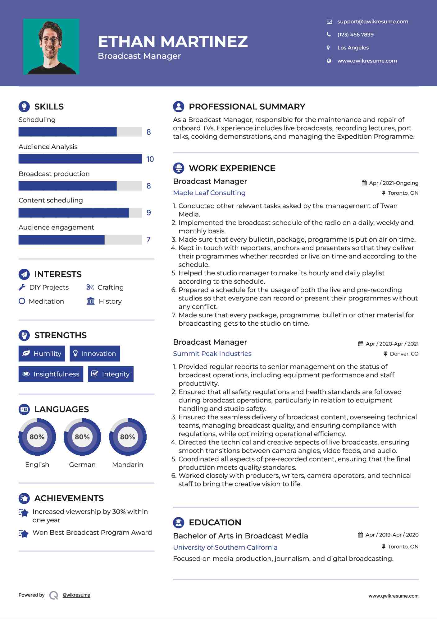 Broadcast Manager Resume Model