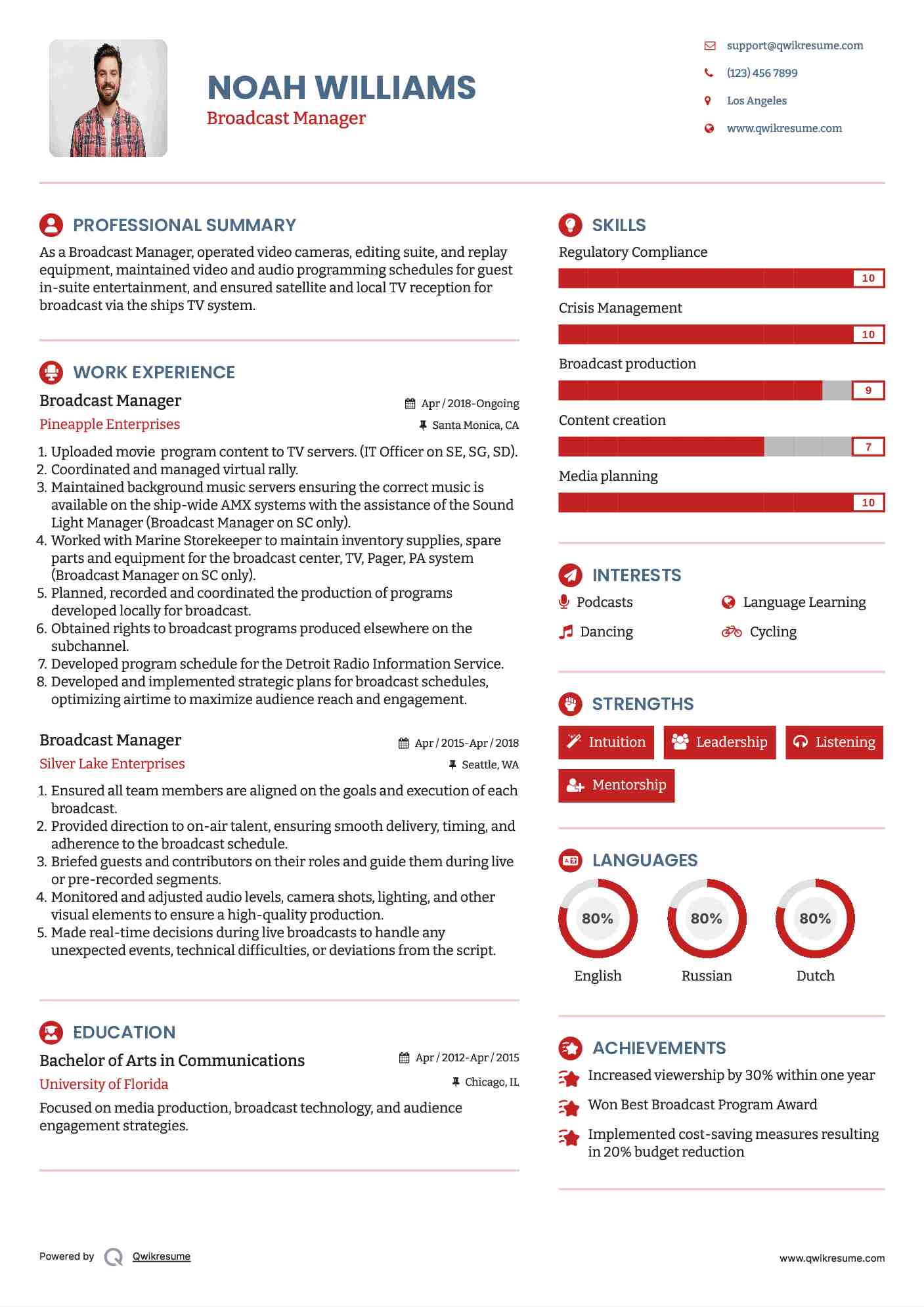 Broadcast Manager Resume Template