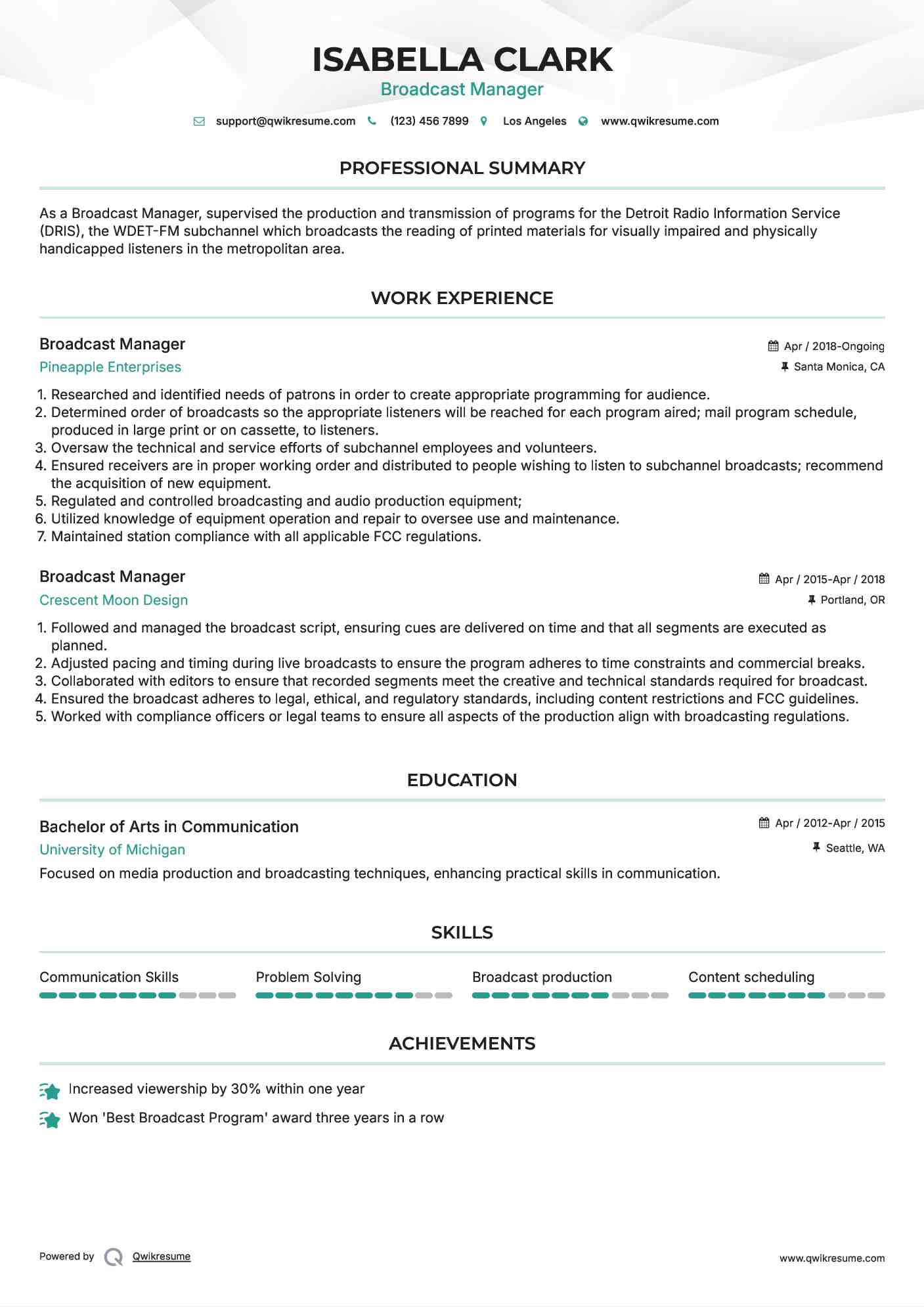 Broadcast Manager Resume Sample