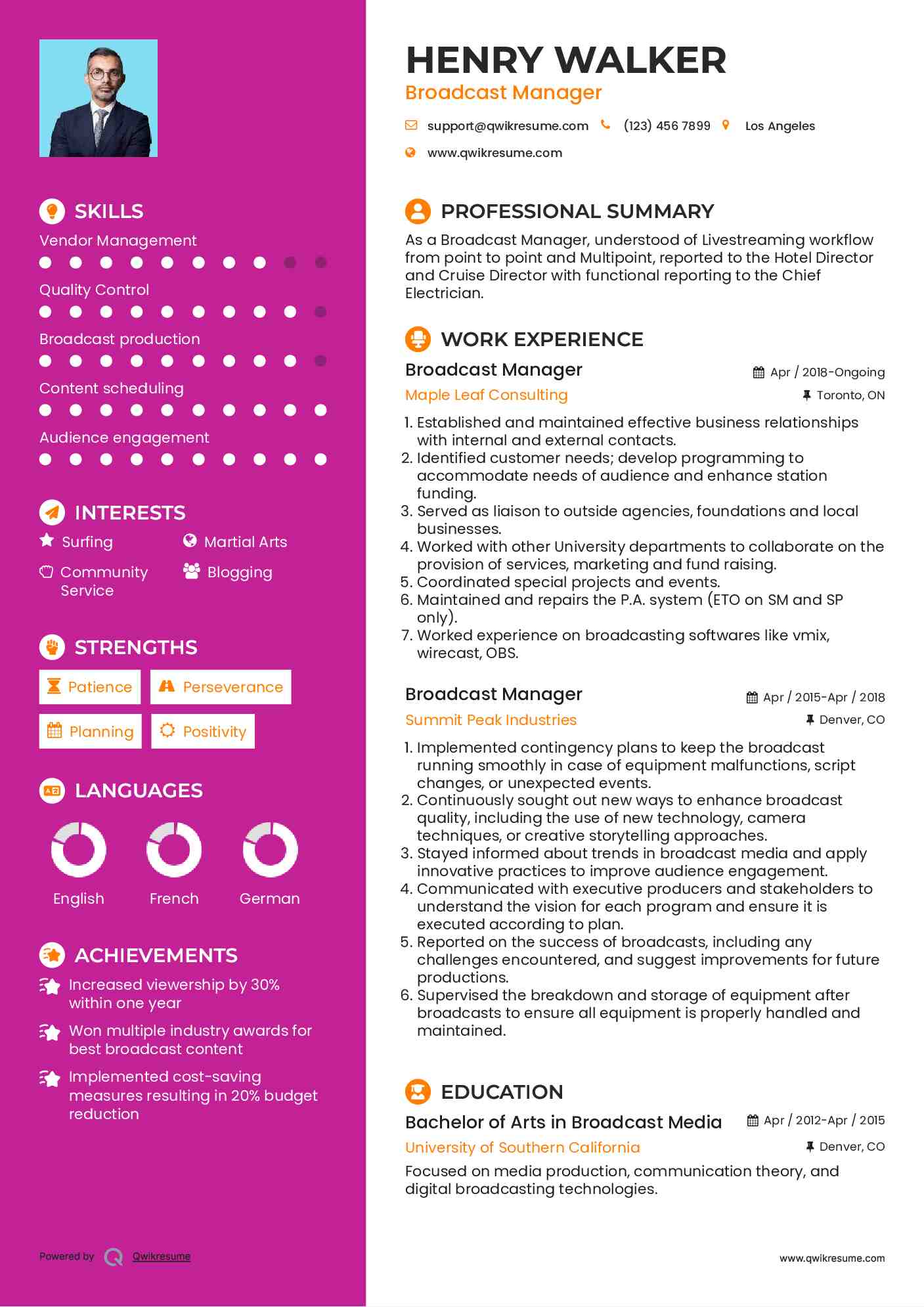 Broadcast Manager Resume Format