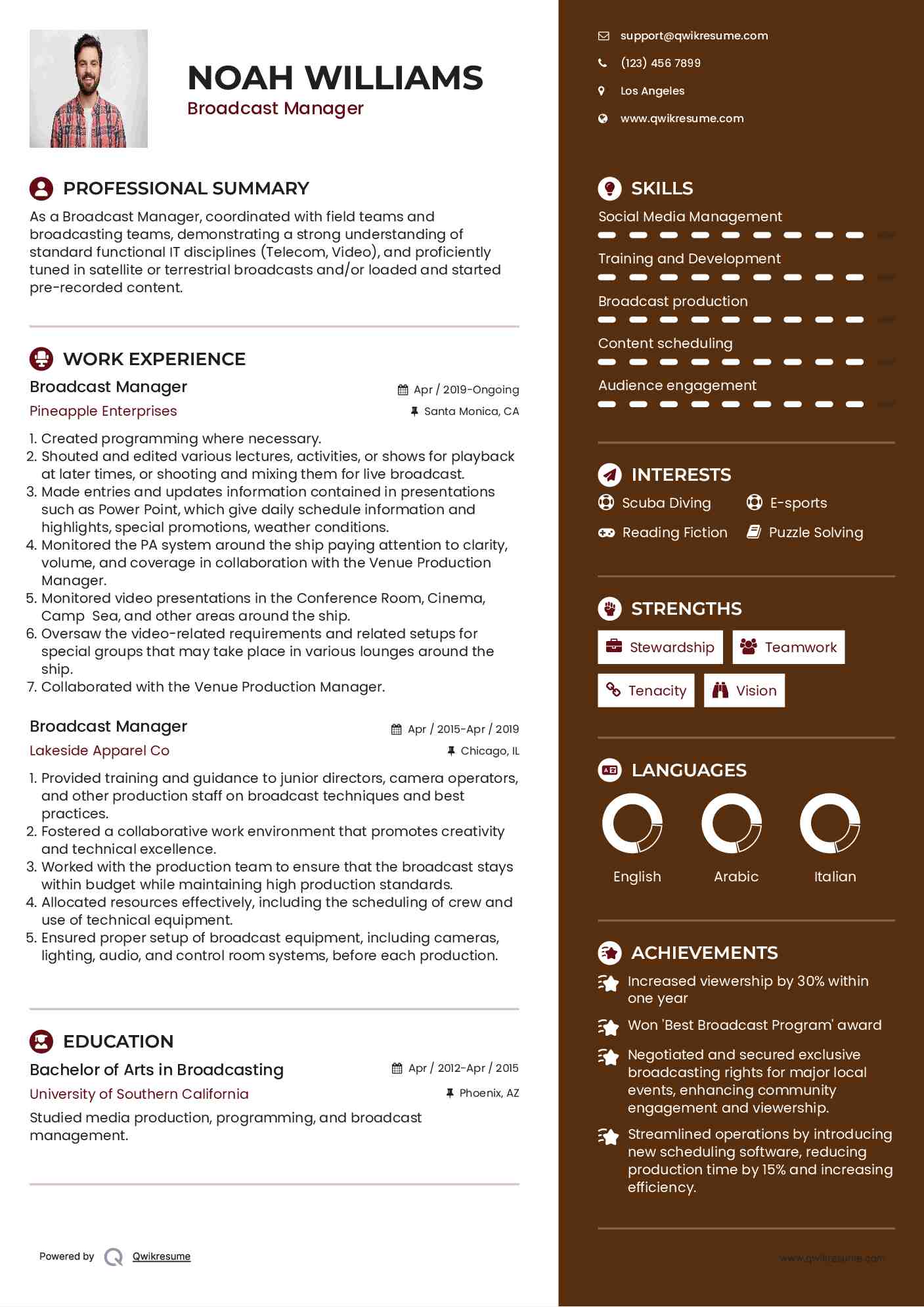 Broadcast Manager Resume Sample