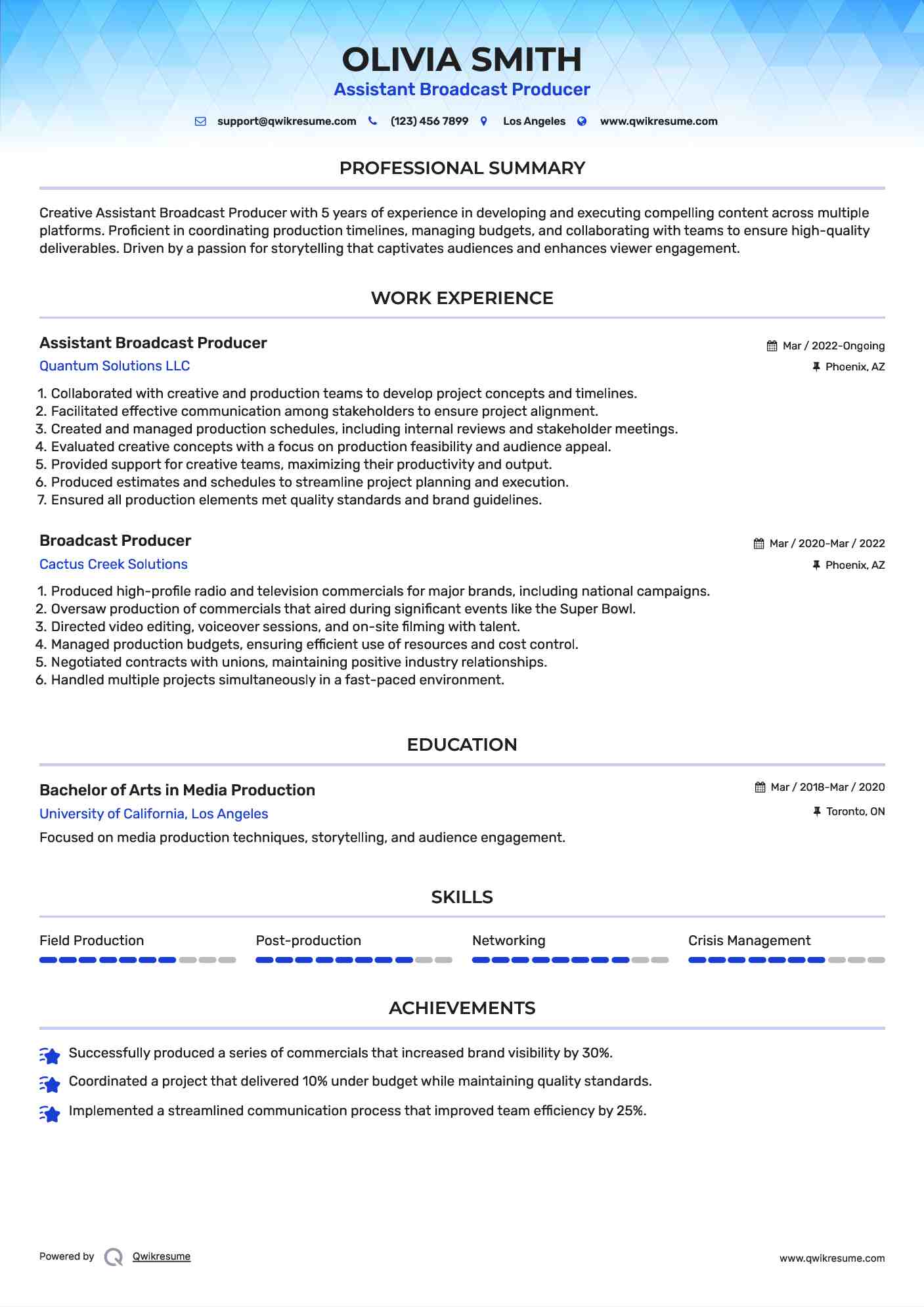 Assistant Broadcast Producer Resume Model