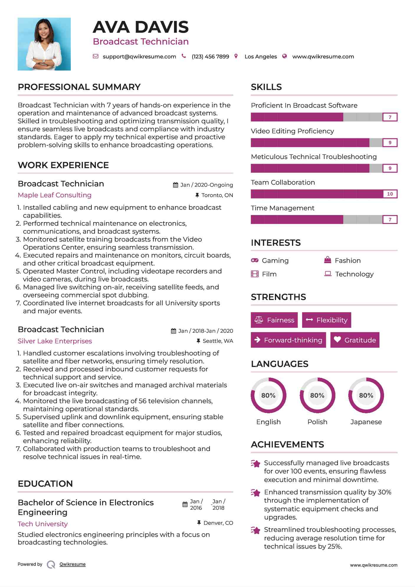 Broadcast Technician Resume Samples QwikResume