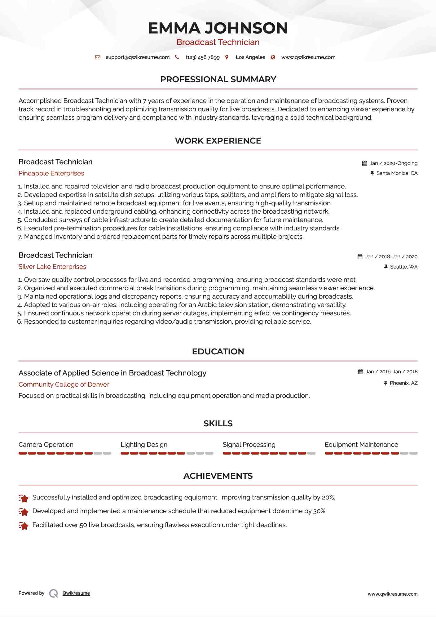 Broadcast Technician Resume Example