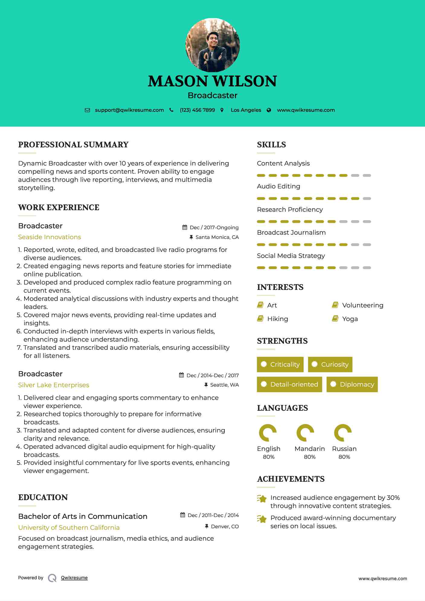 Broadcaster Resume Samples QwikResume