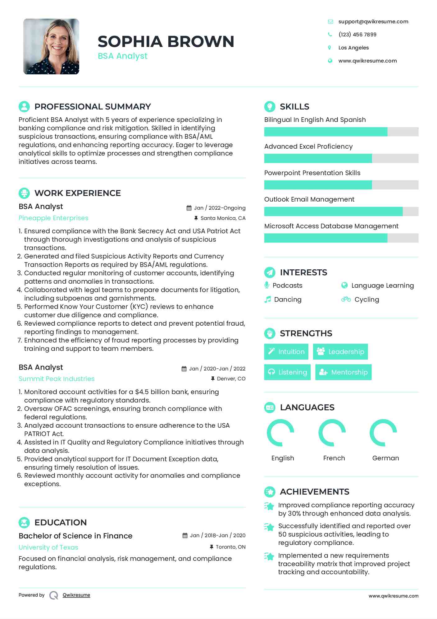 BSA Analyst Resume Sample