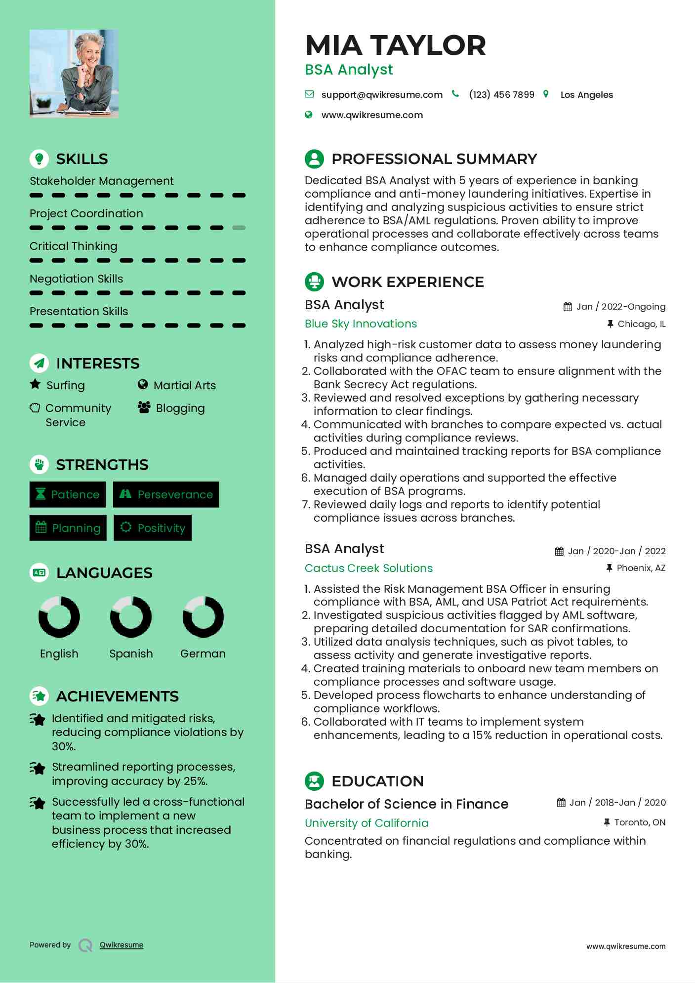 BSA Analyst Resume Format