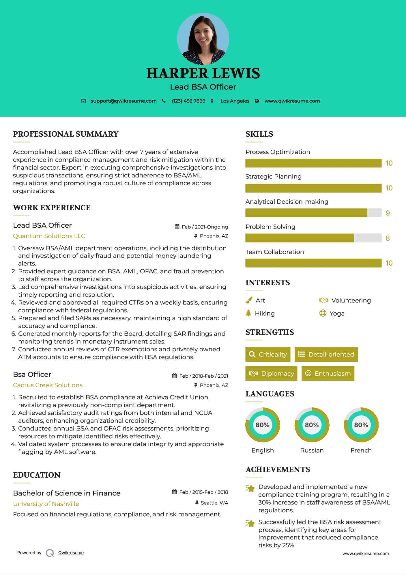 Lead BSA Officer Resume Example