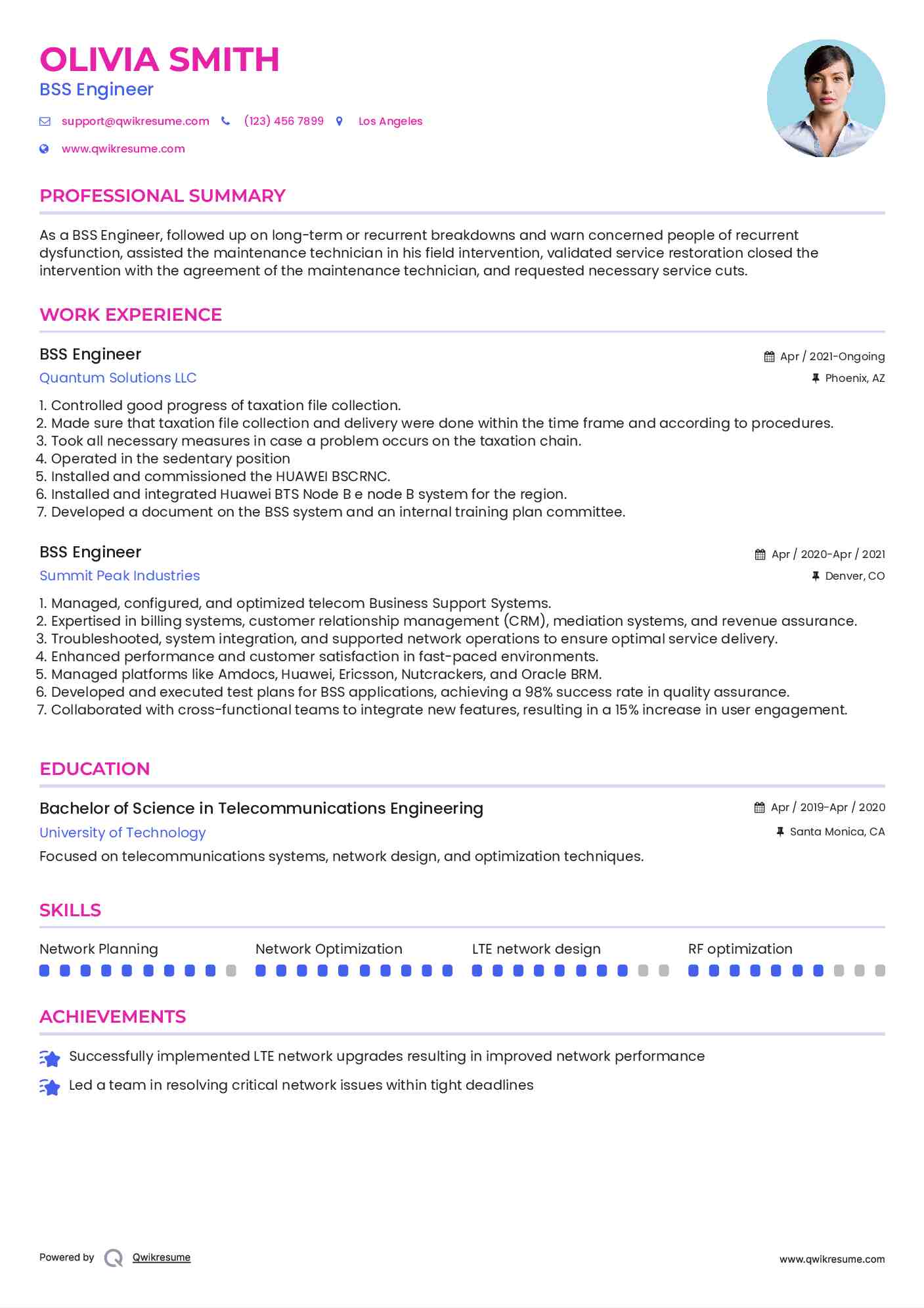 BSS Engineer Resume Example