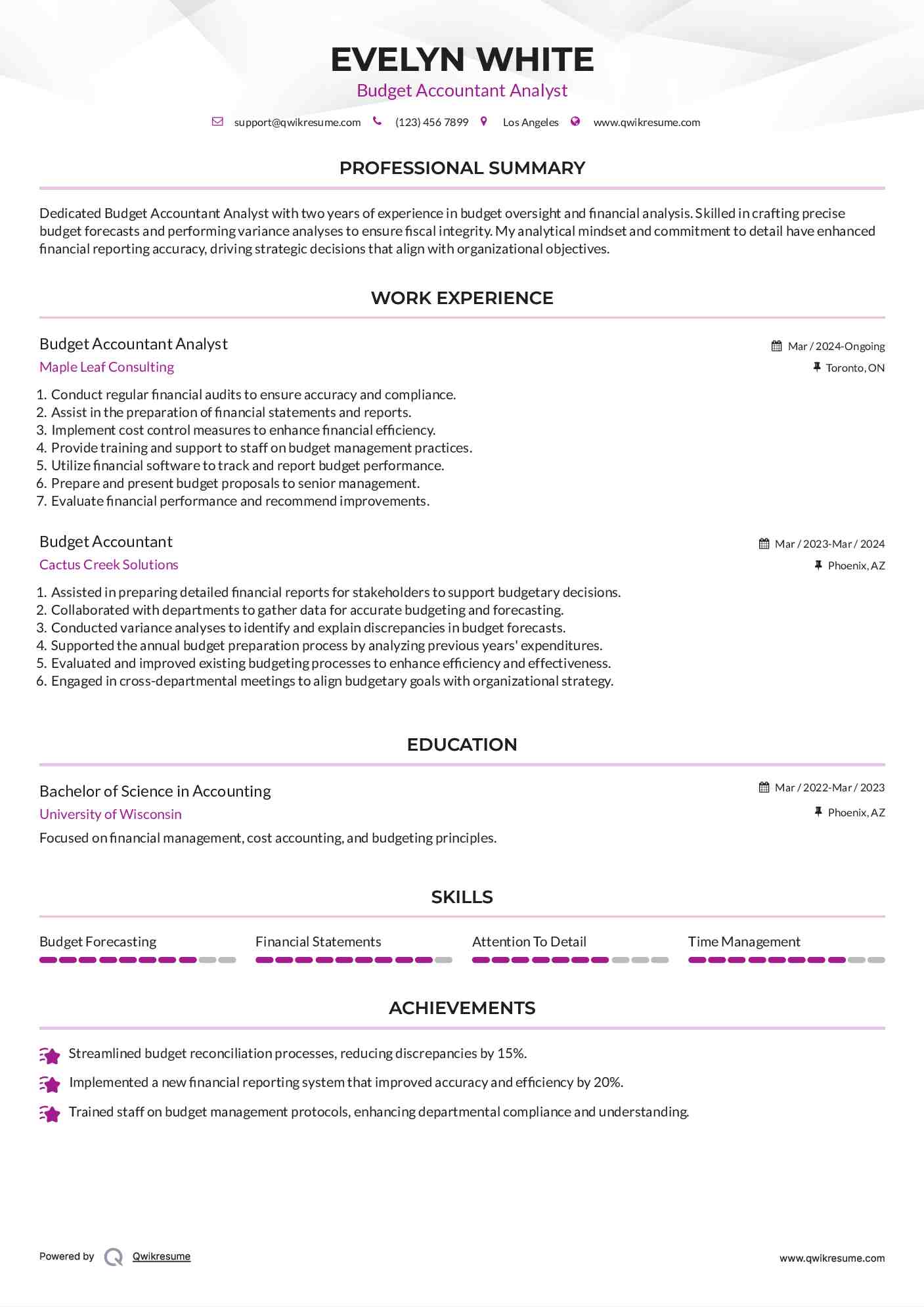 Budget Accountant Analyst Resume Example