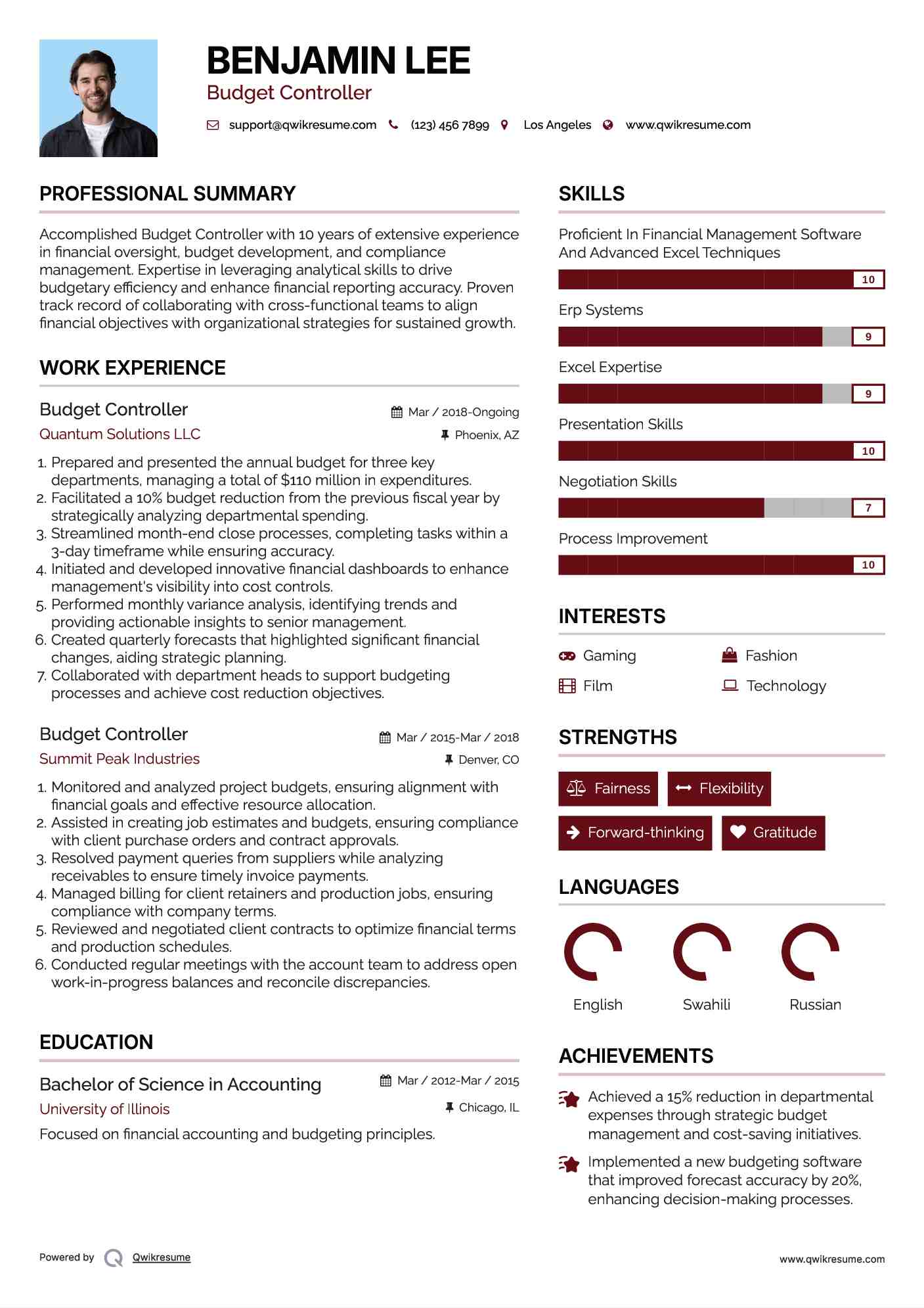 Budget Controller Resume Model
