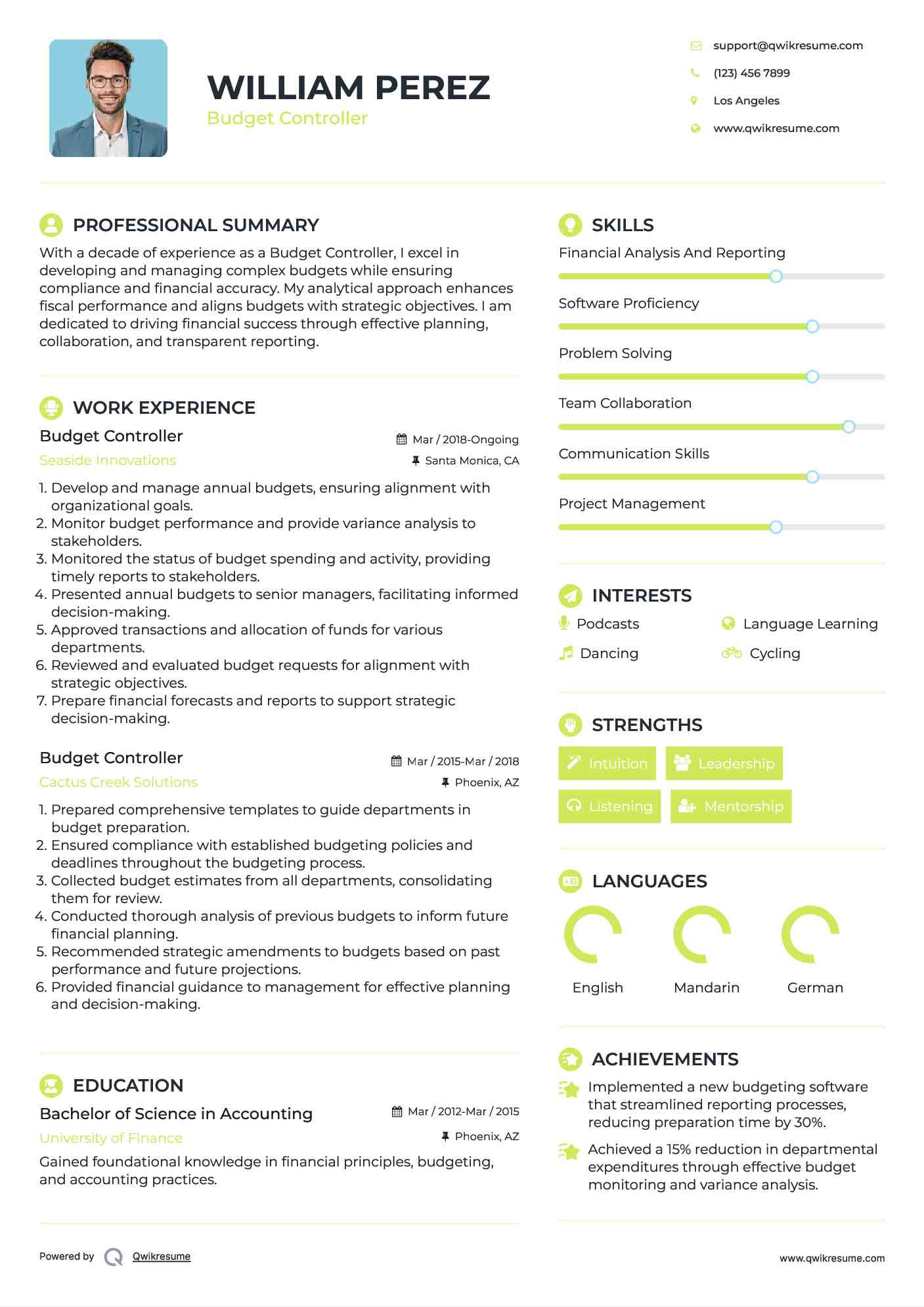 Budget Controller Resume Model
