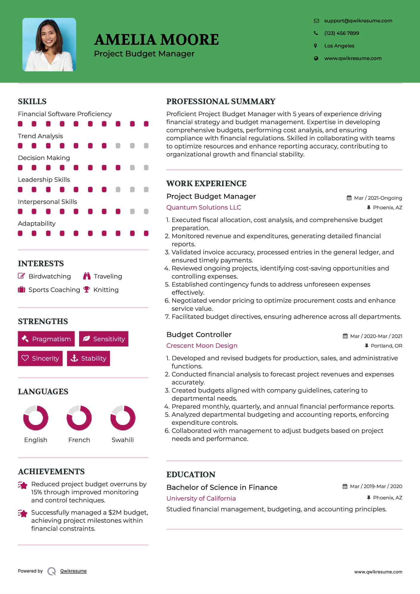 Project Budget Manager Resume Template