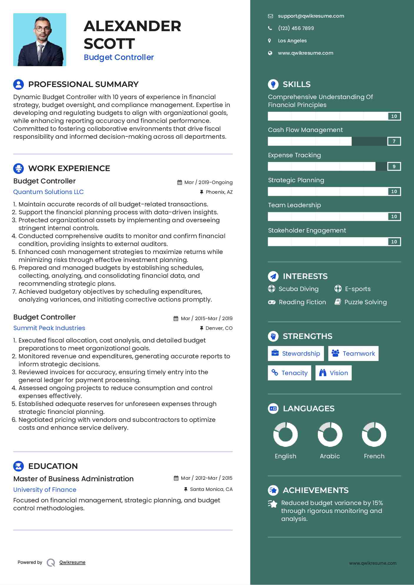 Budget Controller Resume Sample