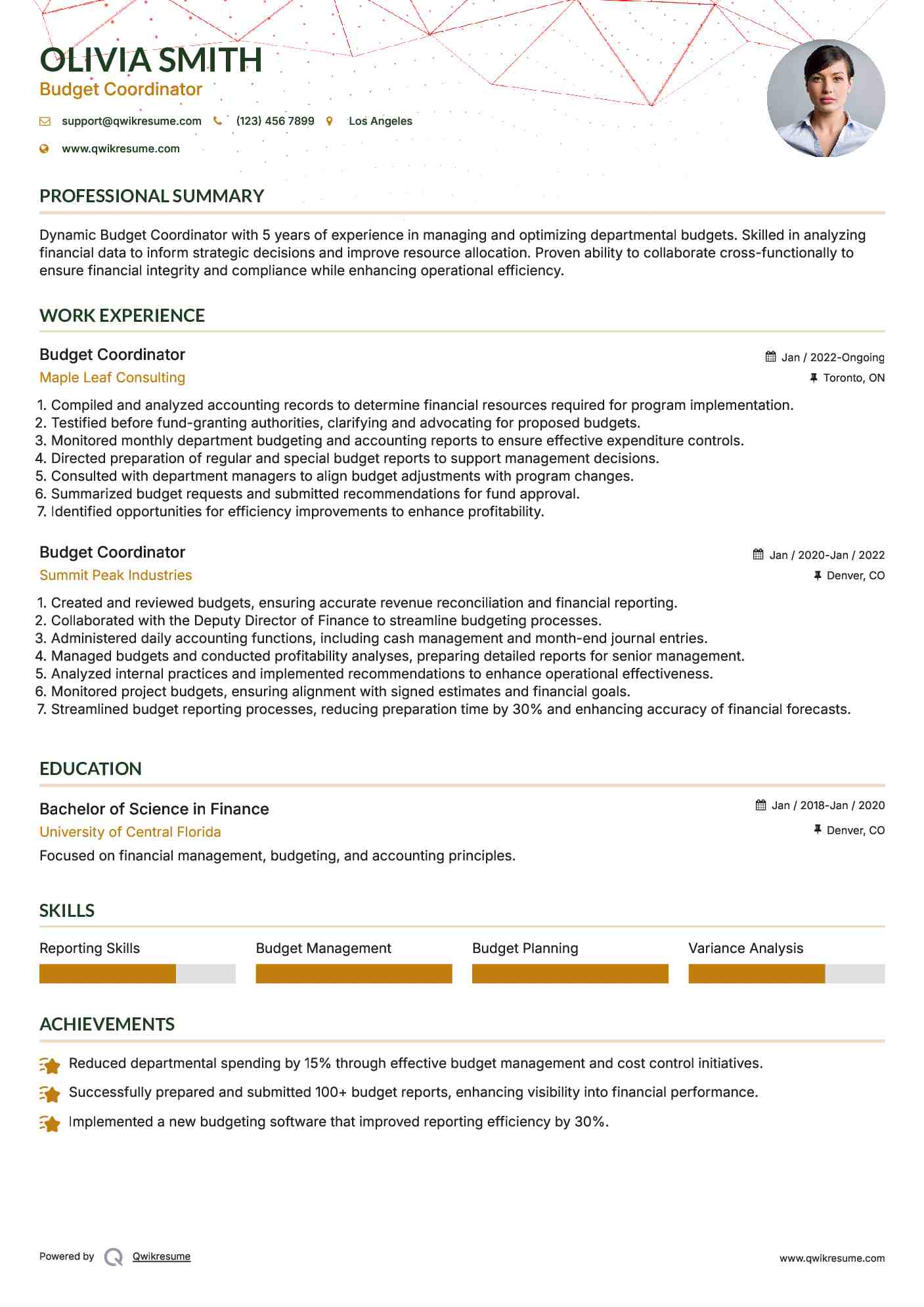 Budget Coordinator Resume Sample