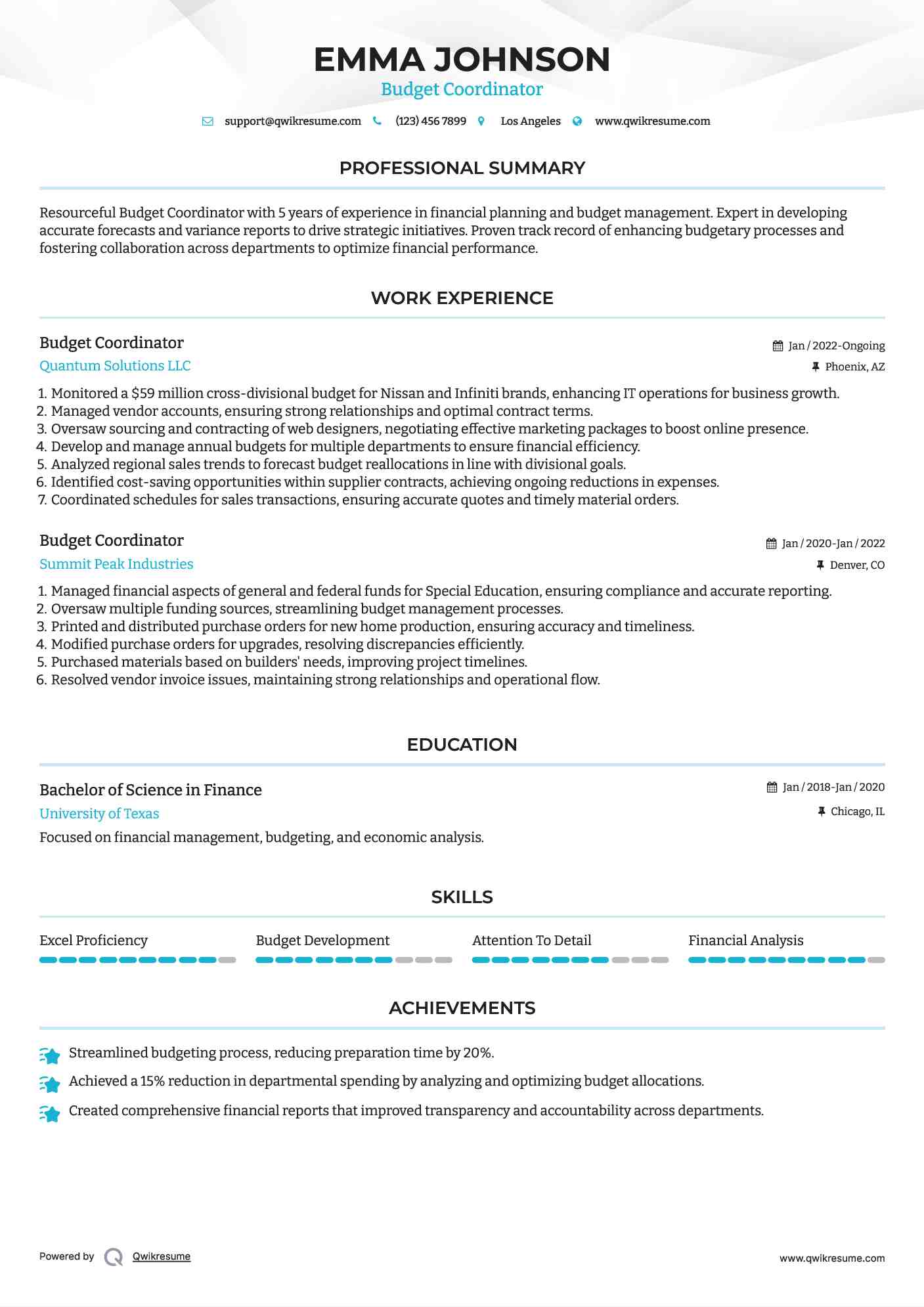 Budget Coordinator Resume Model