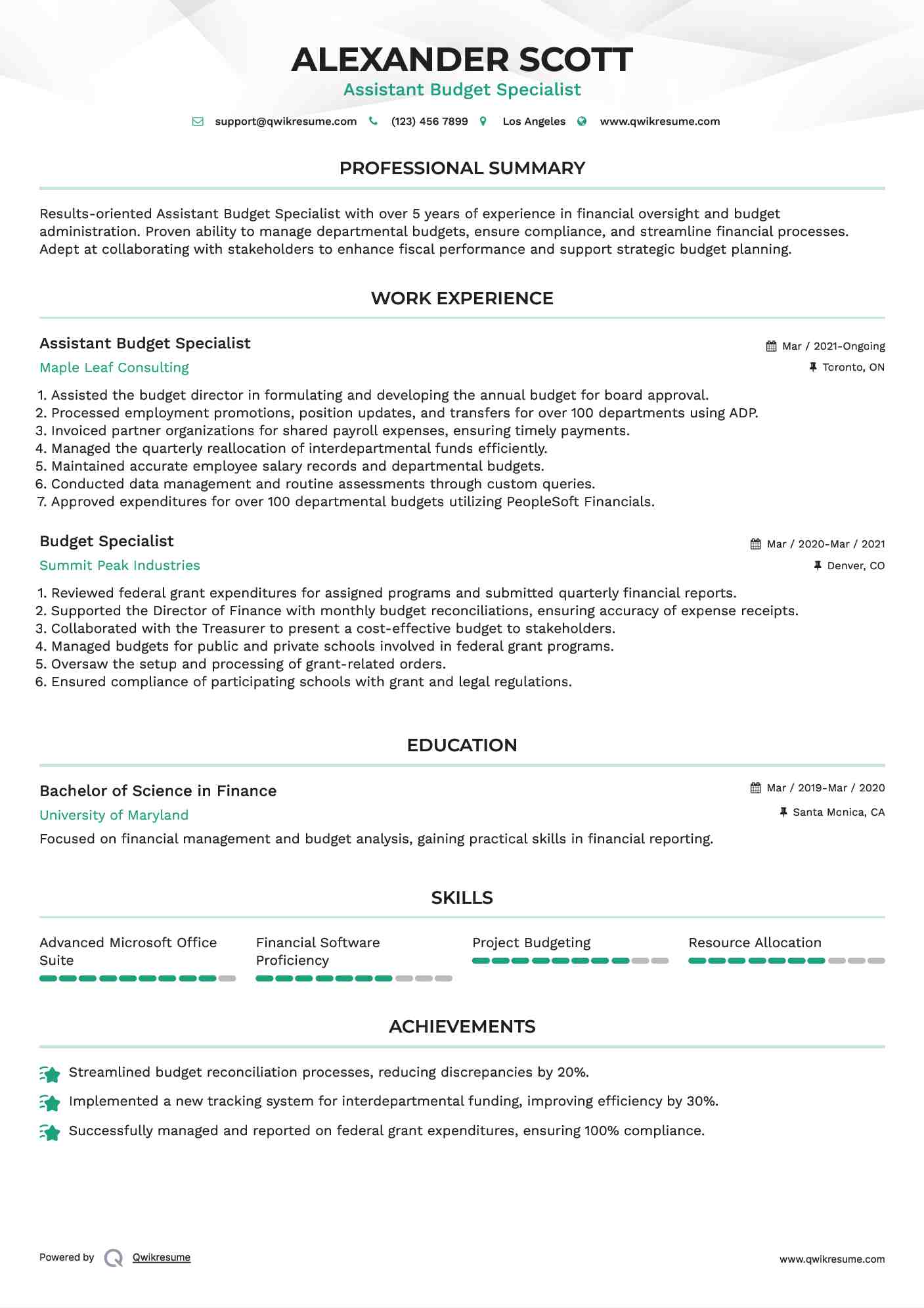 Assistant Budget Specialist Resume Sample