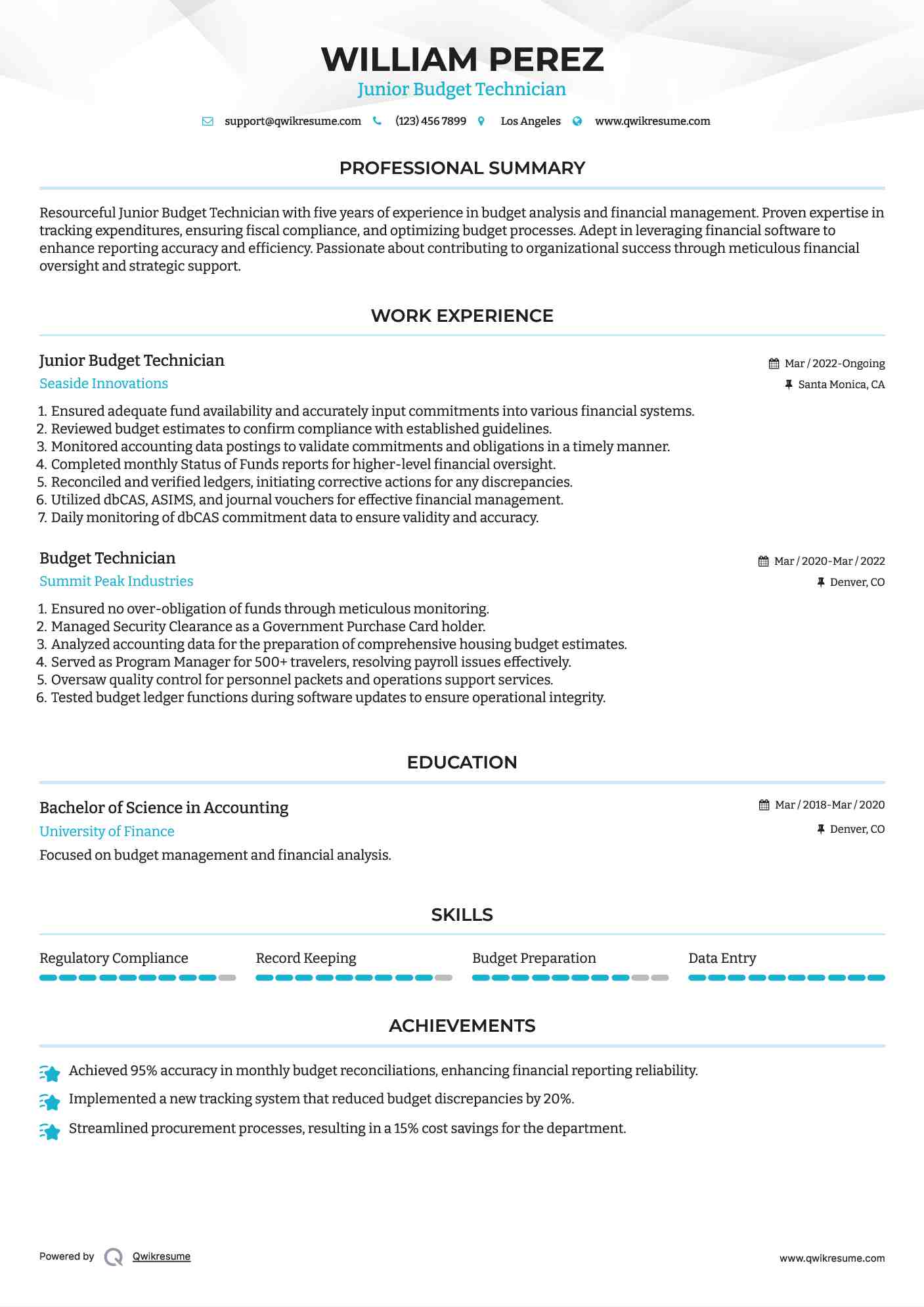 Junior Budget Technician Resume Format