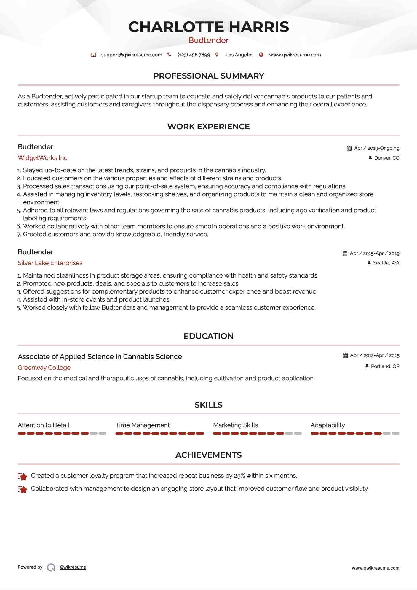Budtender Resume Template