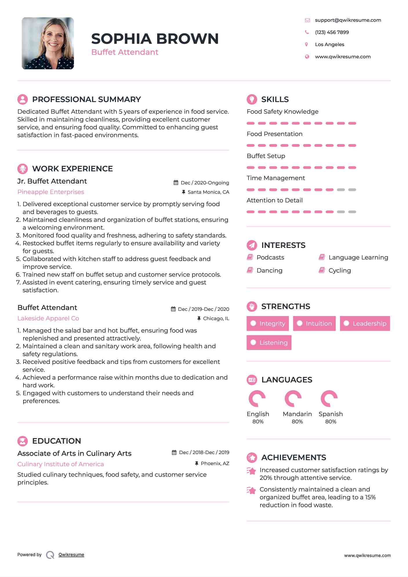 Jr. Buffet Attendant Resume Format