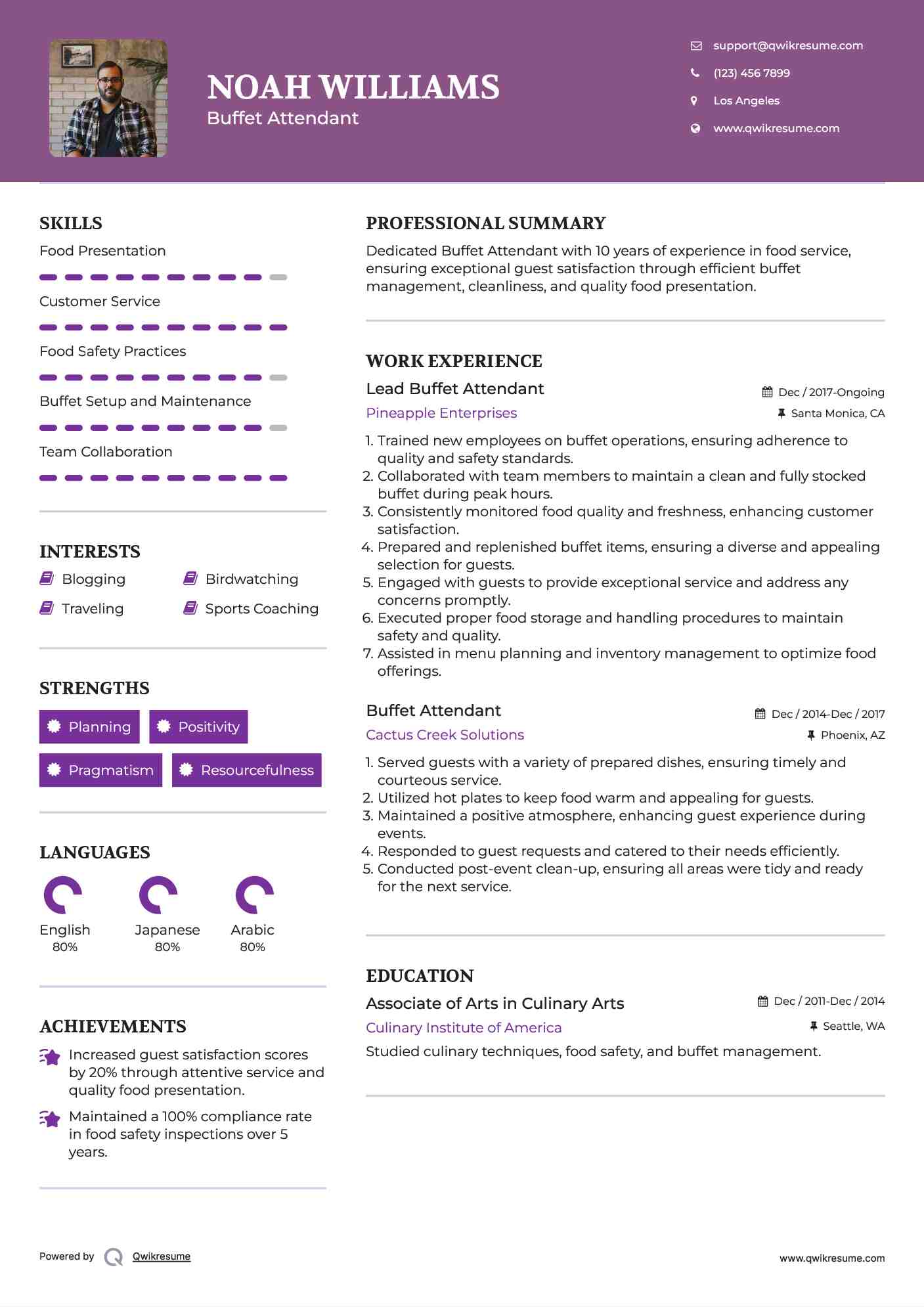 Lead Buffet Attendant Resume Example