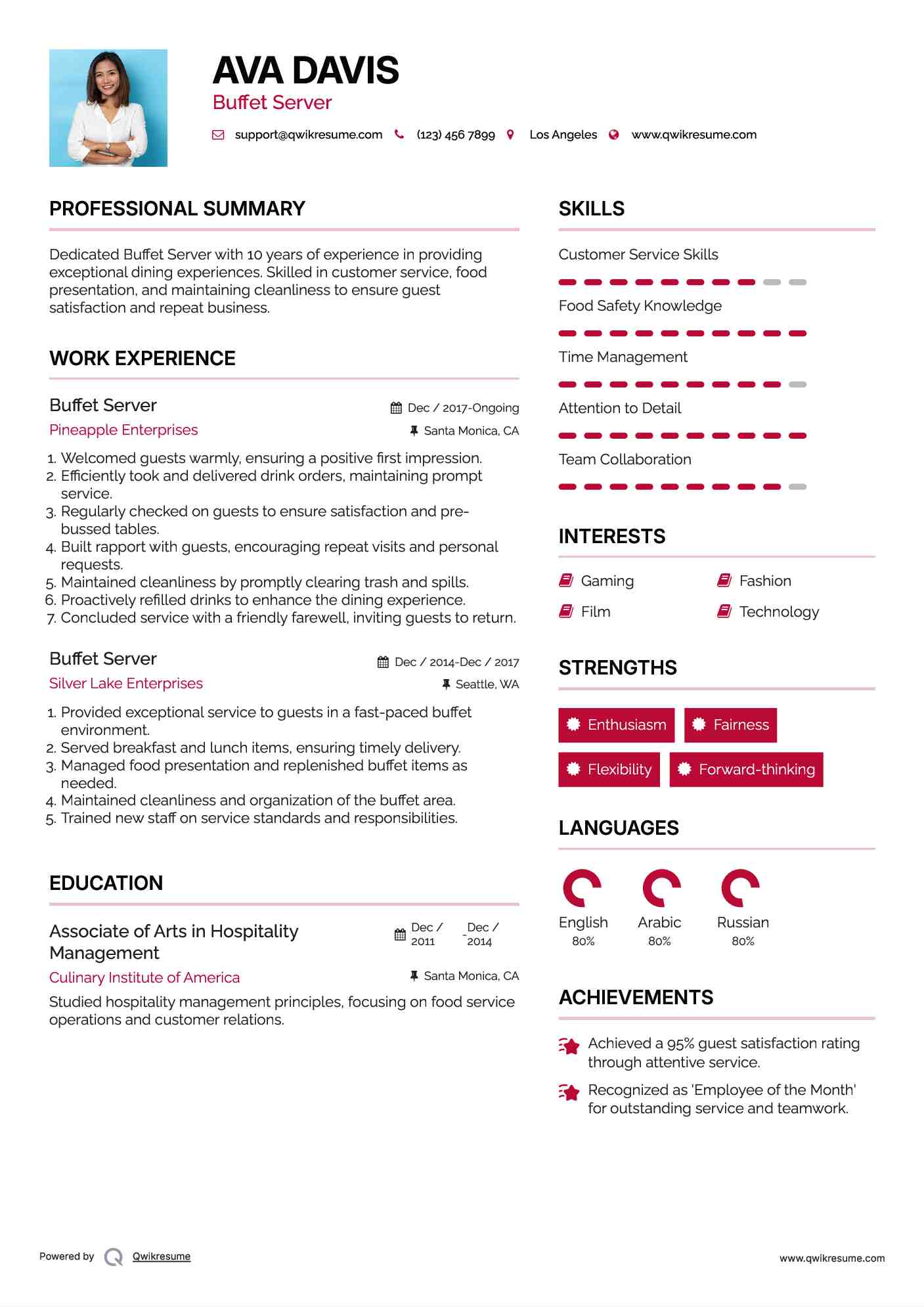 Buffet Server Resume Sample