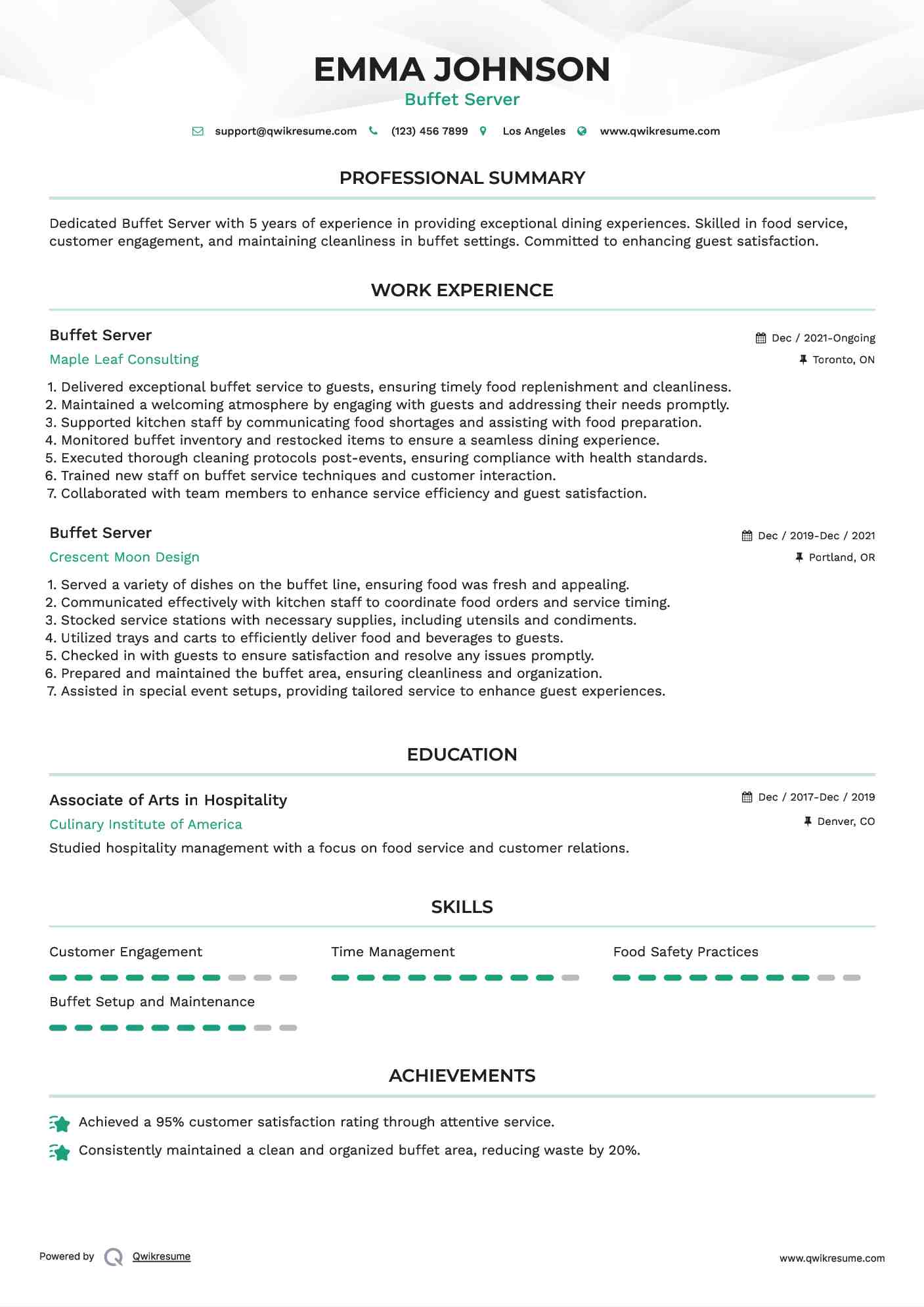 Buffet Server Resume Example