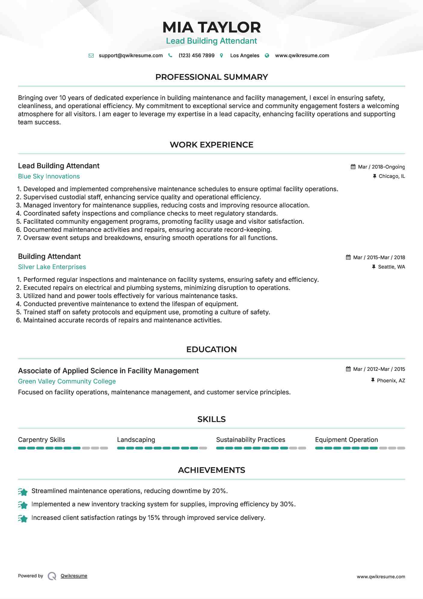 Lead Building Attendant Resume Template